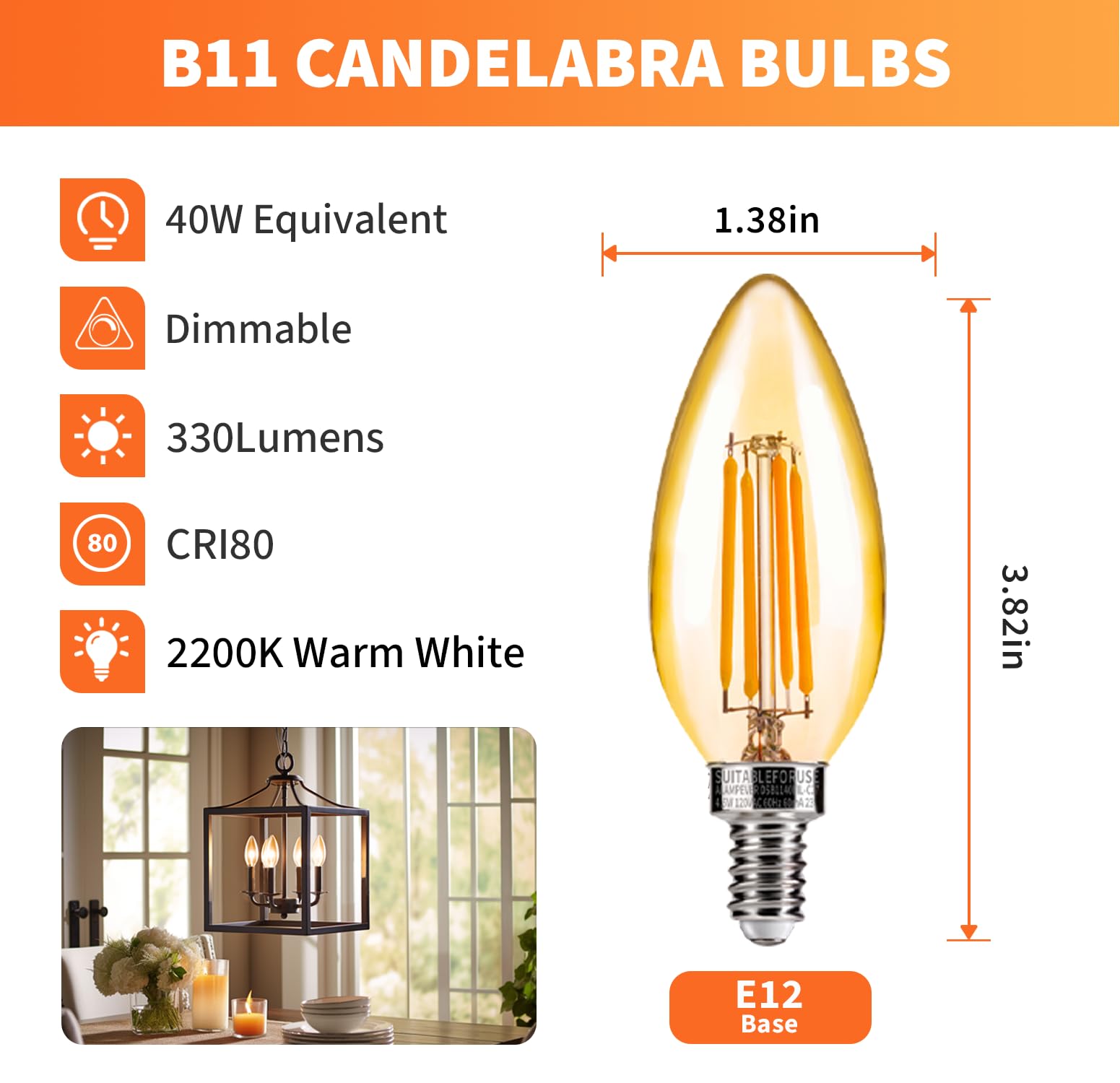 Alampever Chandelier Light Bulbs,E12 Candelabra Bulb 40W Equivalent 4W E12 Led Bulb 2200K Warm White,330Lm,Candle Light Bulbs,24