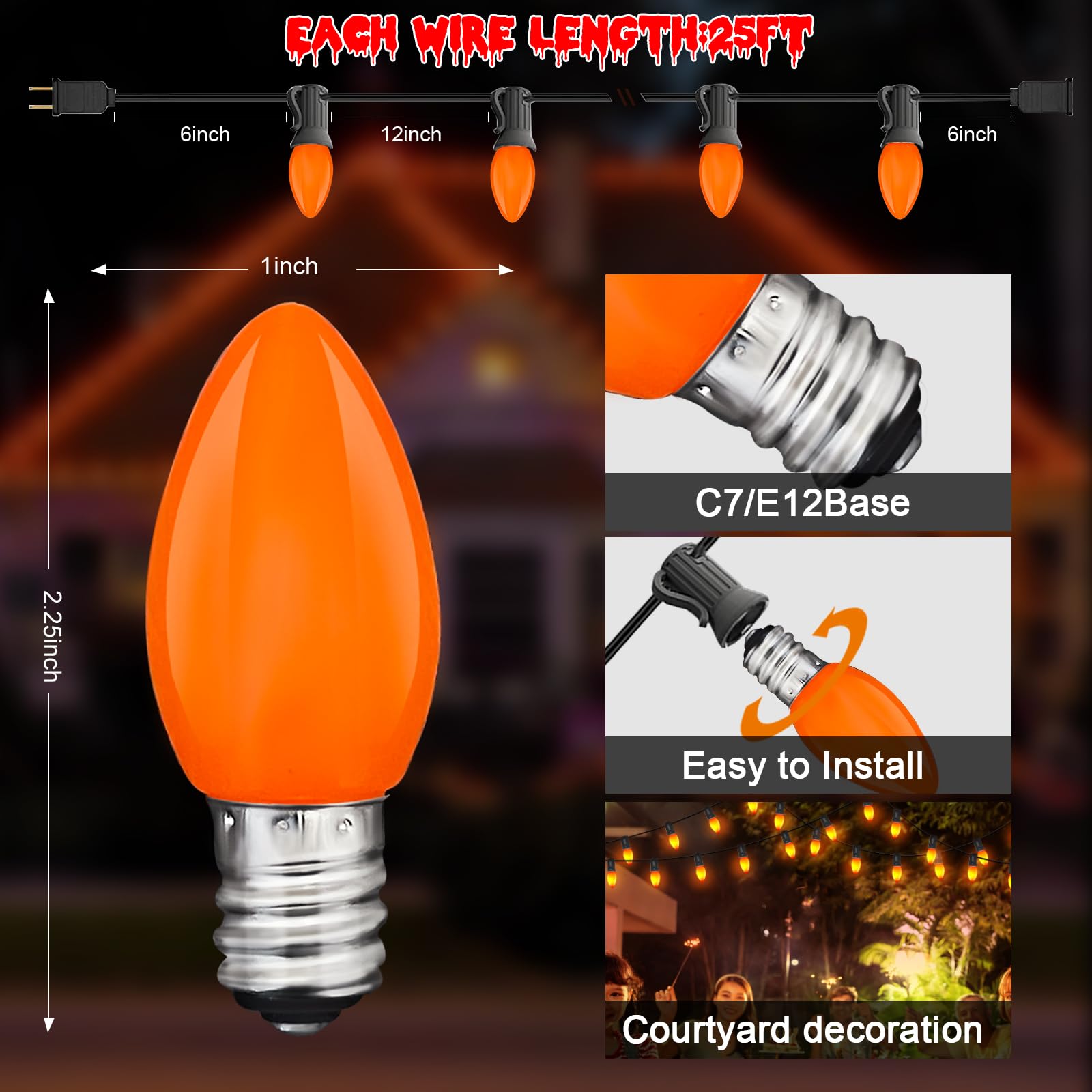 Konictom 25Ft Orange Led String Lights, Waterproof C7 Bulbs For Halloween & Holiday Decor