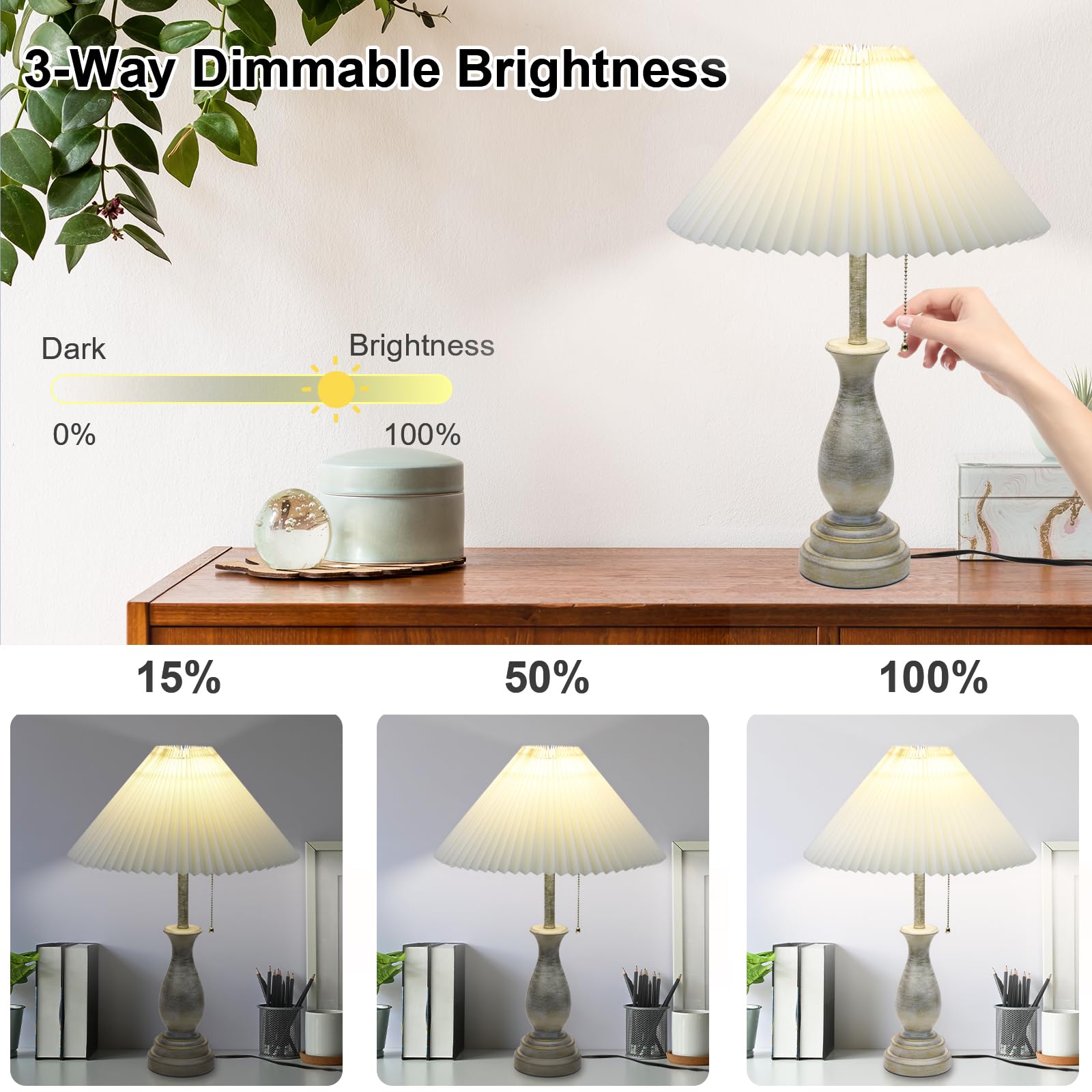 Farmhouse Table Lamp With Pull Chain Switch Control 3-Way Dimmable Table Lamp, Modern Nightstand Lamp Bedside Desk Lamp With Fab