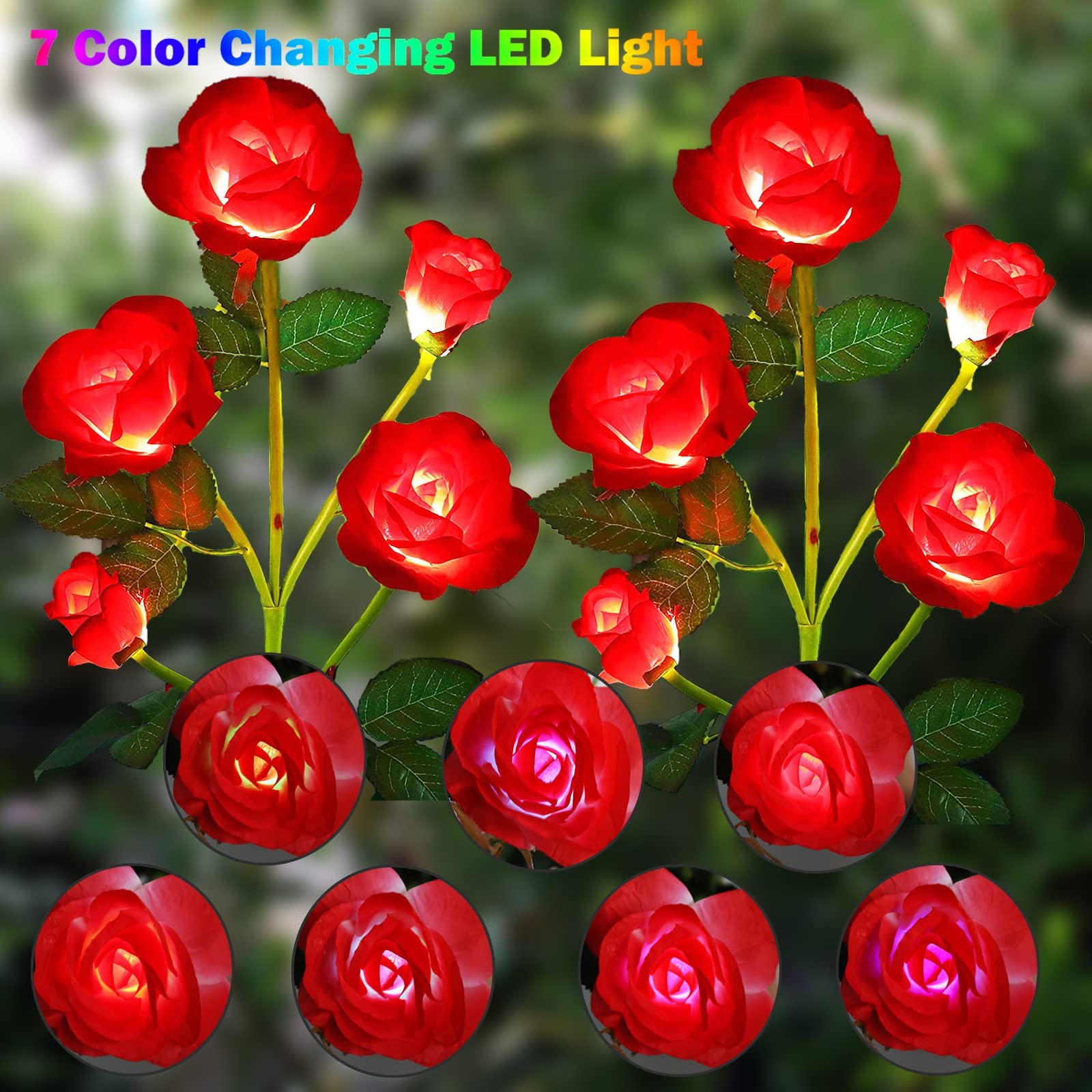 ANGMLN Solar Garden Lights, 2 Pack Red Rose, 10 Head, 7-Color Changing, Waterproof Outdoor Decoration for Garden, Pathway, Patio