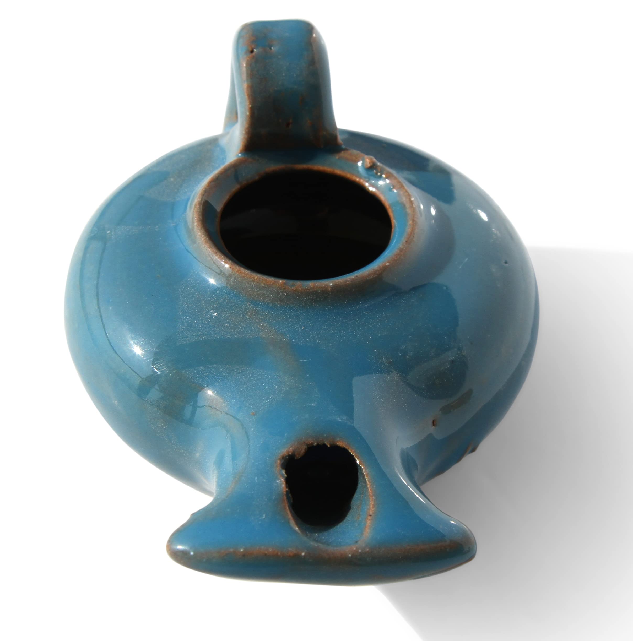 Herodian Glazed Oil Lamp, Candle Holder With Handle, Small- Blue Replica Ancient Biblical Clay Oil Lamp & Certificate Of Authenticity Hanukkah-Judaica - Christian Gift