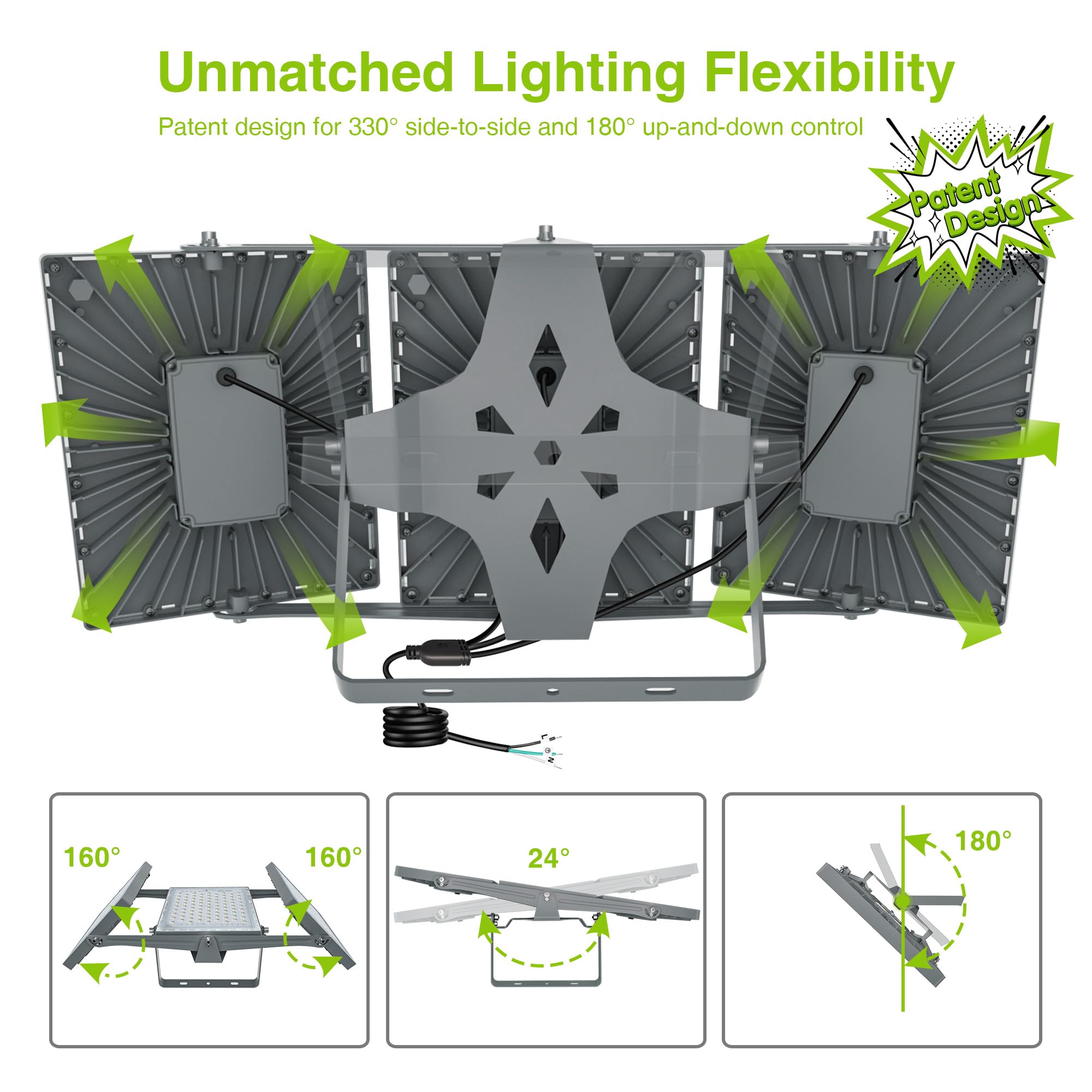 STASUN 750W LED Flood Light, 75000lm, 6000K Daylight, IP66 Waterproof, 3 Heads for Outdoor/Commercial Use, Model FT5GR