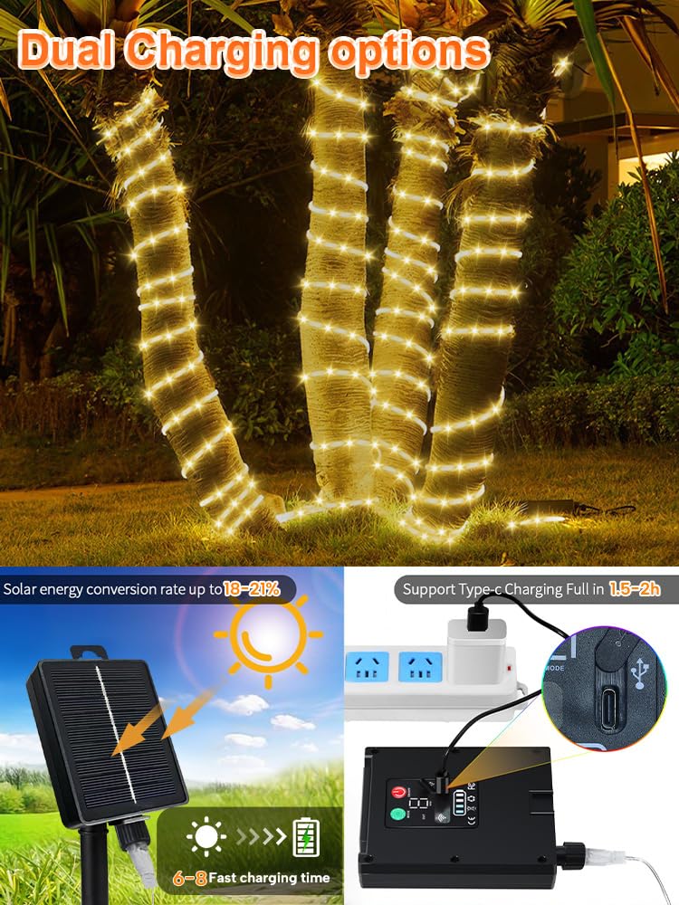 Larger Tube Solar Rope Lights 200Leds Waterproof,Rechargeable Battery,Dual Charging,39Ft Outdoor String Light,Remote-Control,For