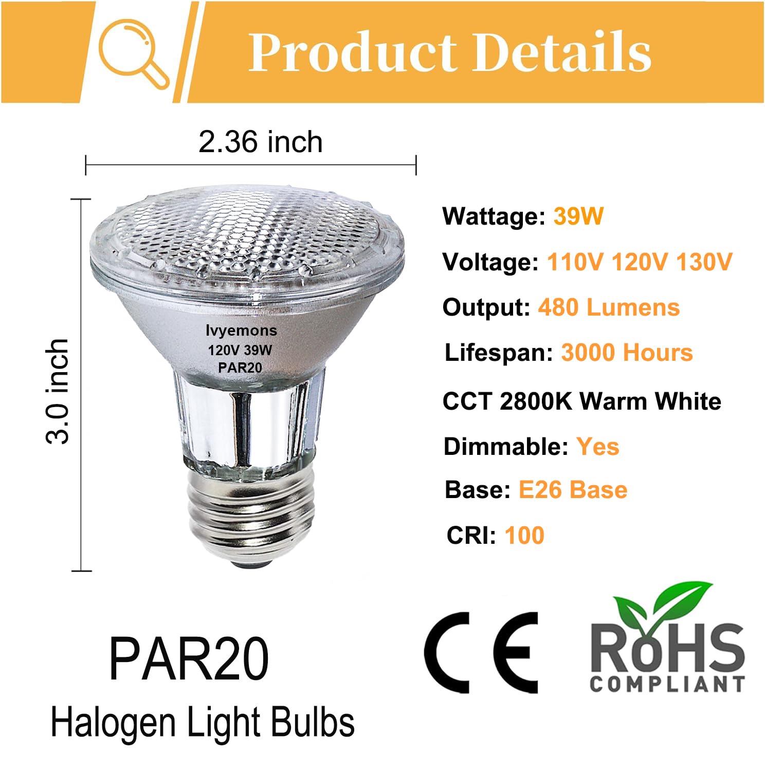 Ivyemons Par20 Flood 39W 120V 480 Lumens- 6 Pack Par20 Flood Light Bulbs With E26 Base, Par 20 Dimmable 2800K Warm White, Long L