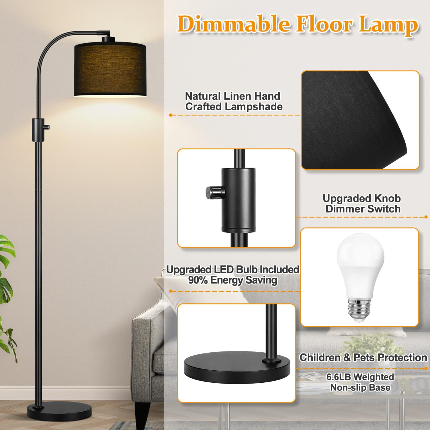 ?Upgraded? Dimmable Black Floor Lamp, 1200 Lumens Led Bulb Included, Arc Floor Lamps For Living Room Modern Standing Lamp With B