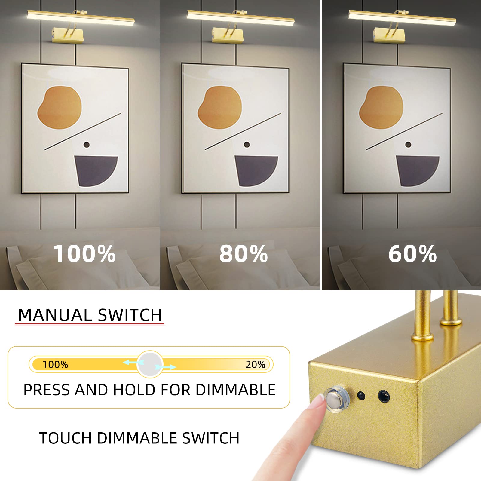 FUNCHDAY Battery Operated Picture Light - 16" Metal Art Light, Dimmable, Wireless Remote, Gold-L