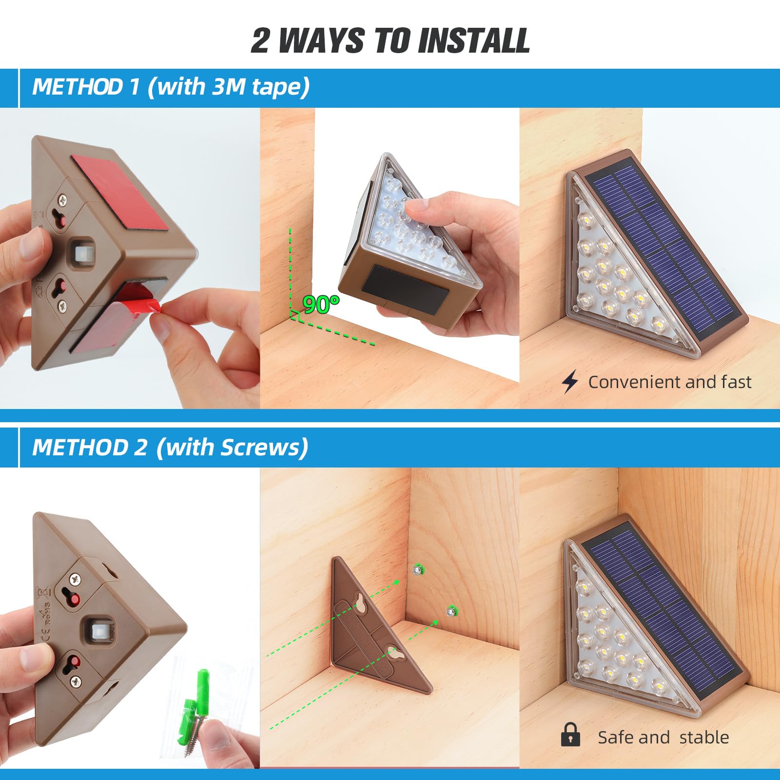 Niorsun Solar Deck Step Lights, 8 Pack Warm White Auto On/Off Step Lights For Outside, Patio, Porch, Deck Decor (Brown)