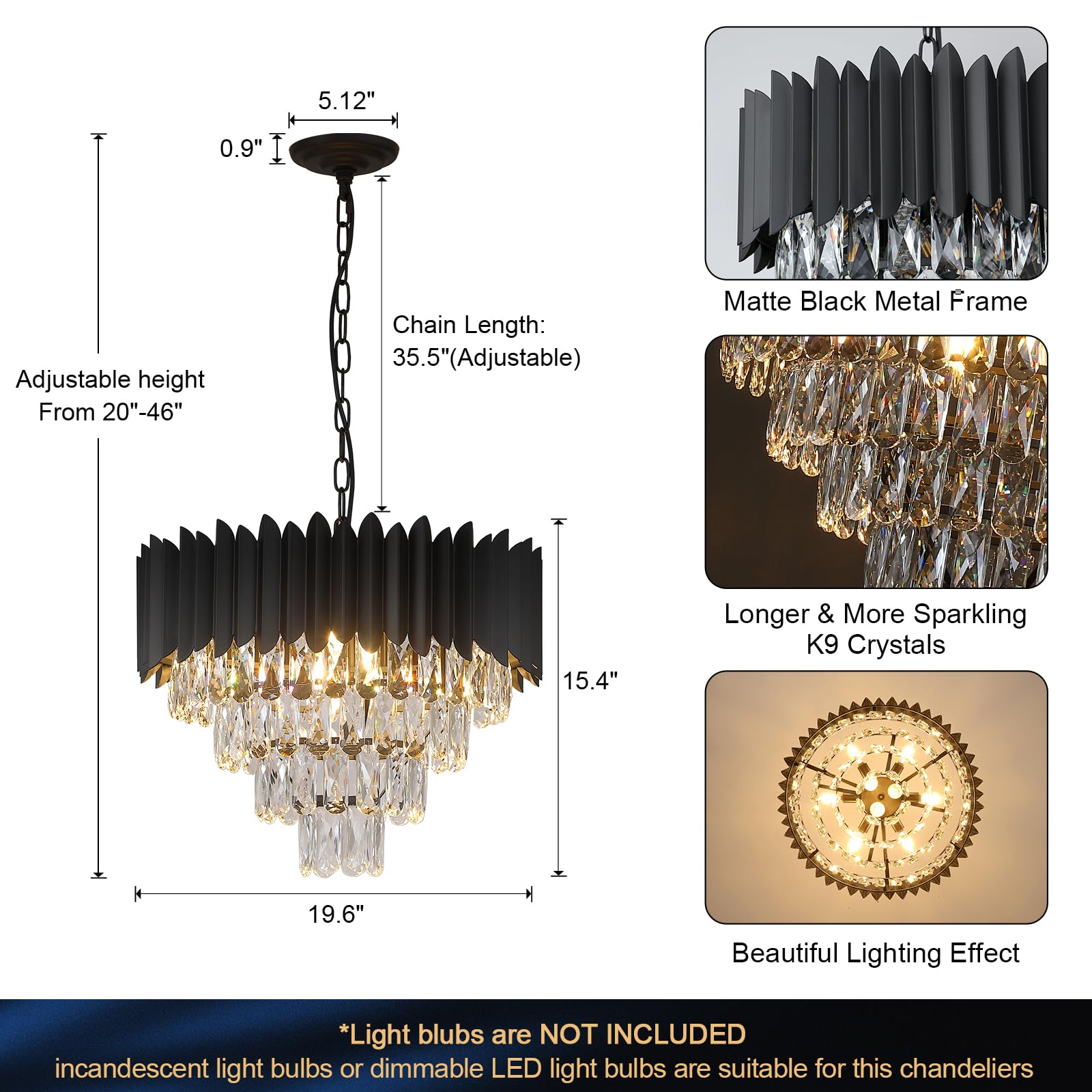 A Axilixi Modern Crystal Chandeliers Black 20'' Round Chandeliers For Dining Room 9 Lights Ceiling Pendant Light Fixtures 4 Tier