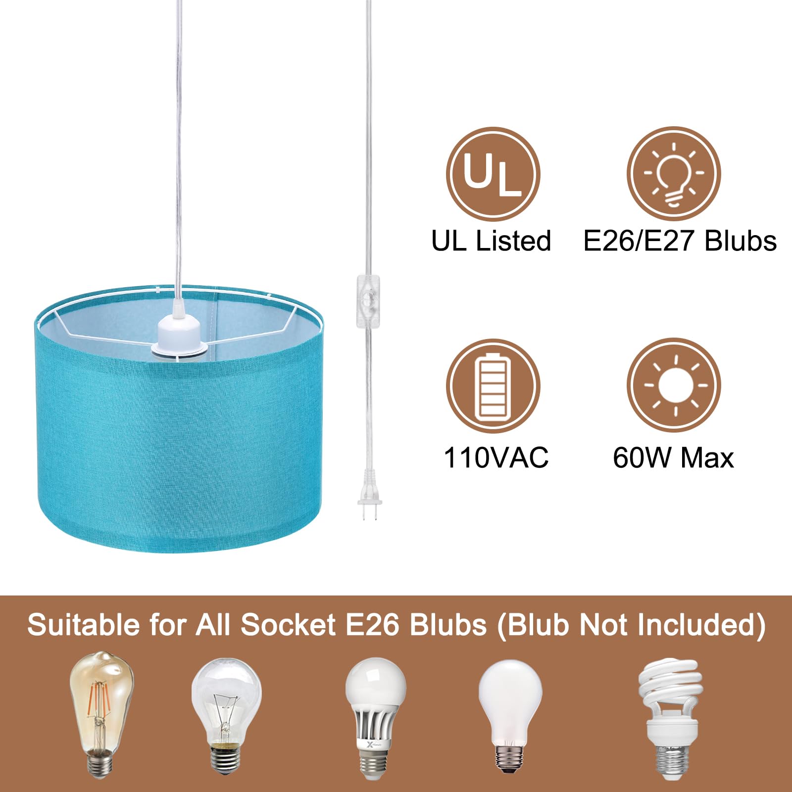 PATIKIL Plug in Pendant Light - 15Ft Rope Cord, Linen Fabric Shade, E26/E27 Socket, Dark Blue for Bedroom Kitchen Living Room