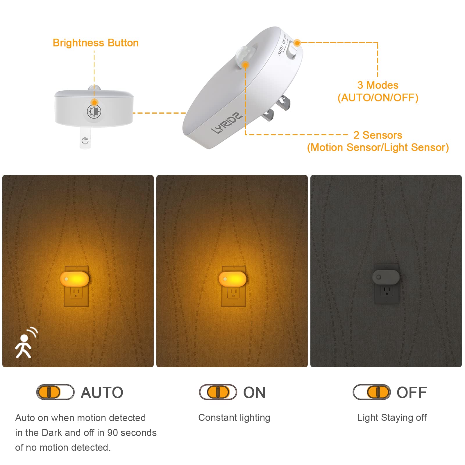 Lyridz Amber Night Light 2 Pack - Motion Sensor Mini LED Plug-in Wall Light, 1800K Adjustable Brightness for Bedroom, Kitchen, Kids' Room