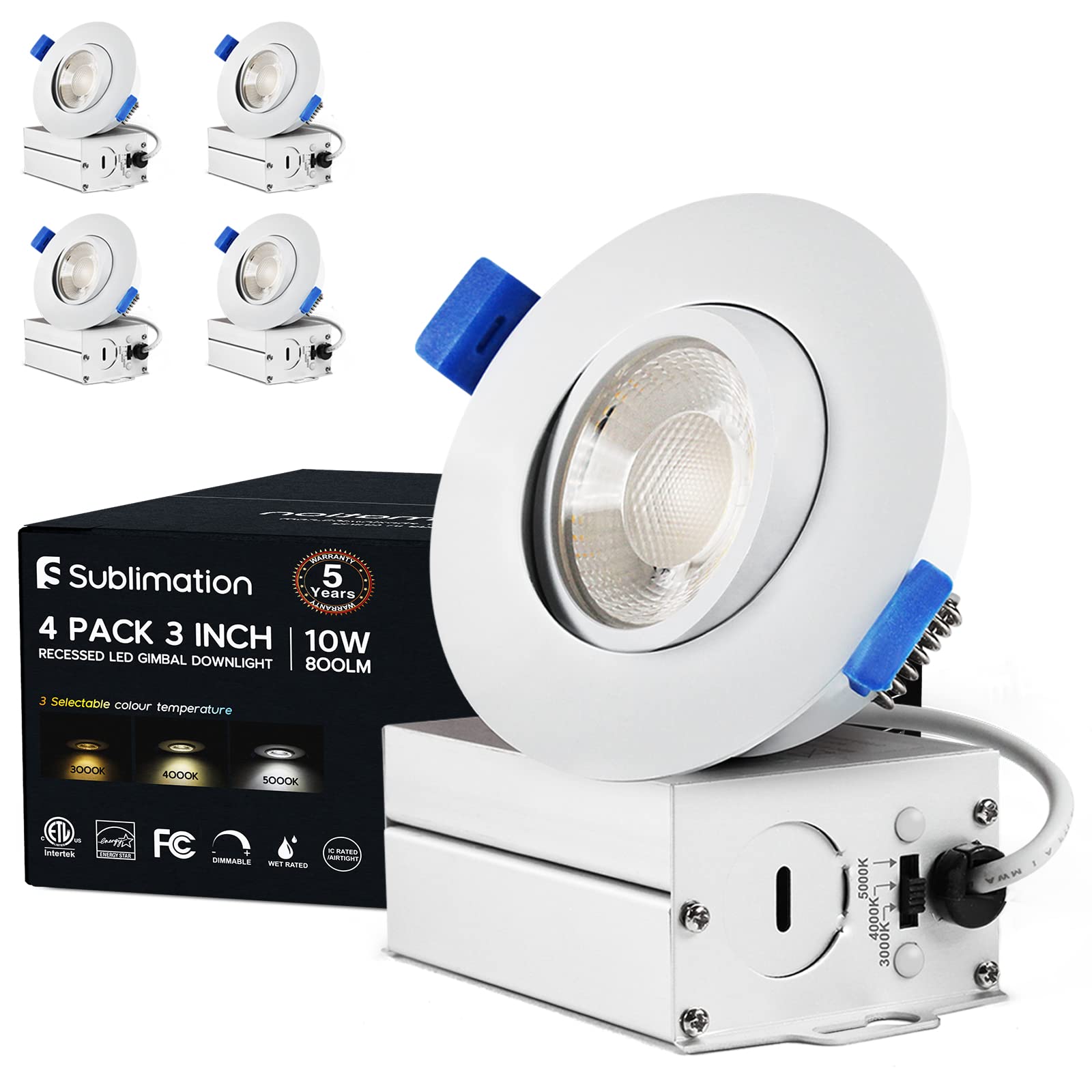 Sublimation 4 Packs 3 Inch Gimbal Led Recessed Light With Junction Box 10W,Waterproof Recessed Lights For Shower,3 Colors Adjustable,Suitable For Bathroom,Parlor,Bedroom,Kitchen,Balcony