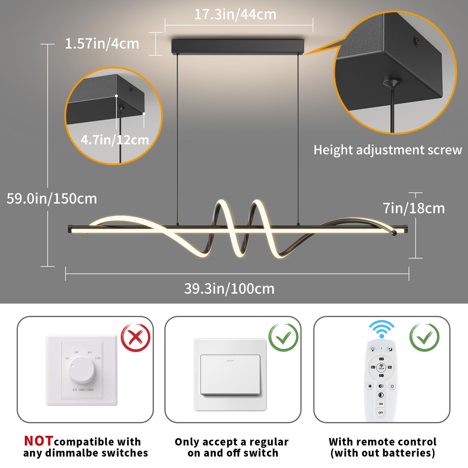 Lannlker Modern Led Pendant Lights, 39In Chandelier Dimmable With Remote Control 3000K-6000K Adjustable Color Temperature, Alumi