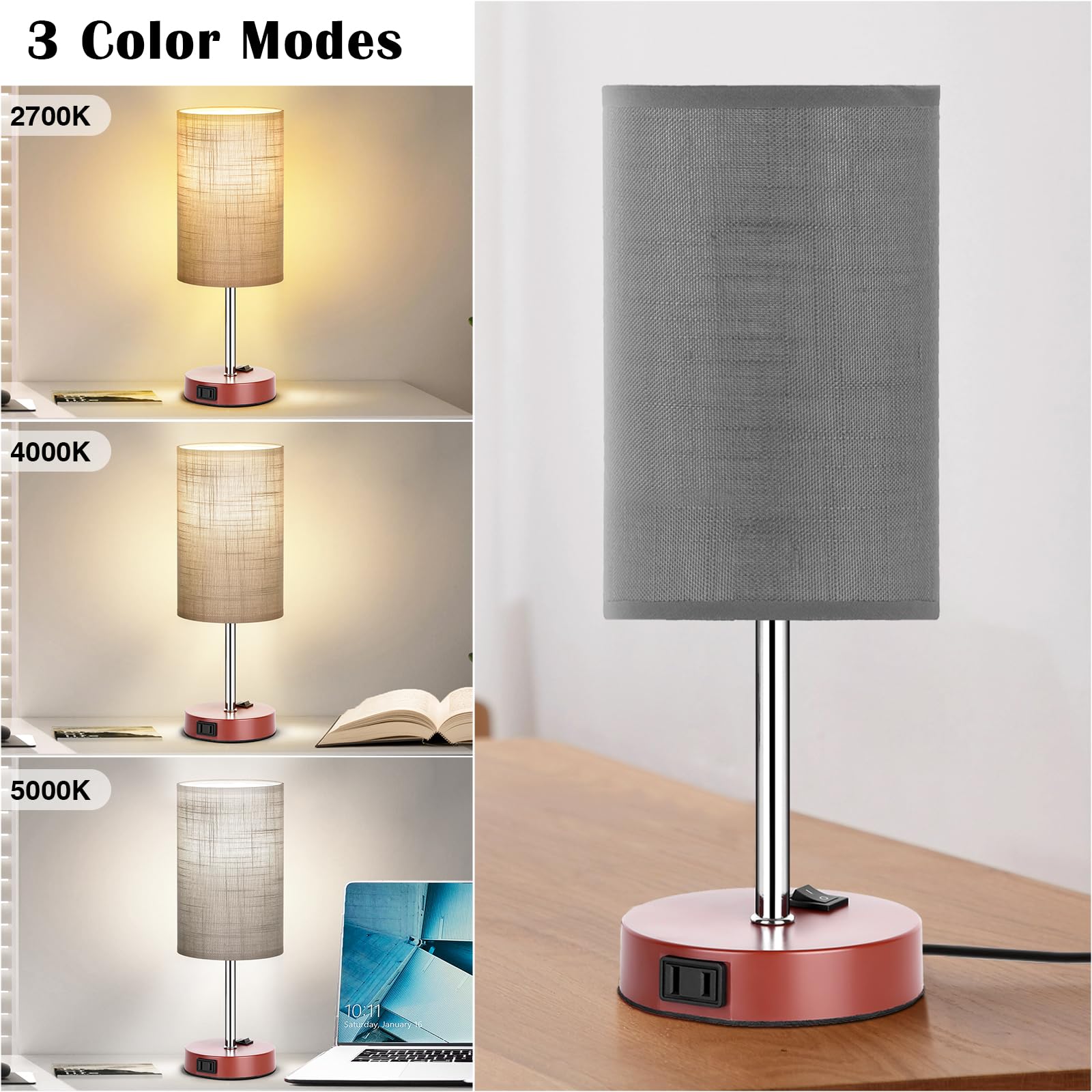 ZJOJO 3-Way Dimmable Bedside Table Lamps Set of 2, Metal, Brown, Simple Round Model, with AC Outlets for Bedroom and Living Room