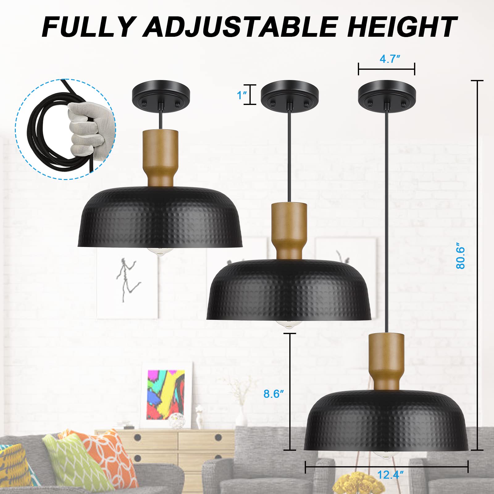 Darkaway Industrial Pendant Light - Hammered Metal Shade, Medium 2 Pack, Black, Adjustable Height, Model 6G10H-2PK BK