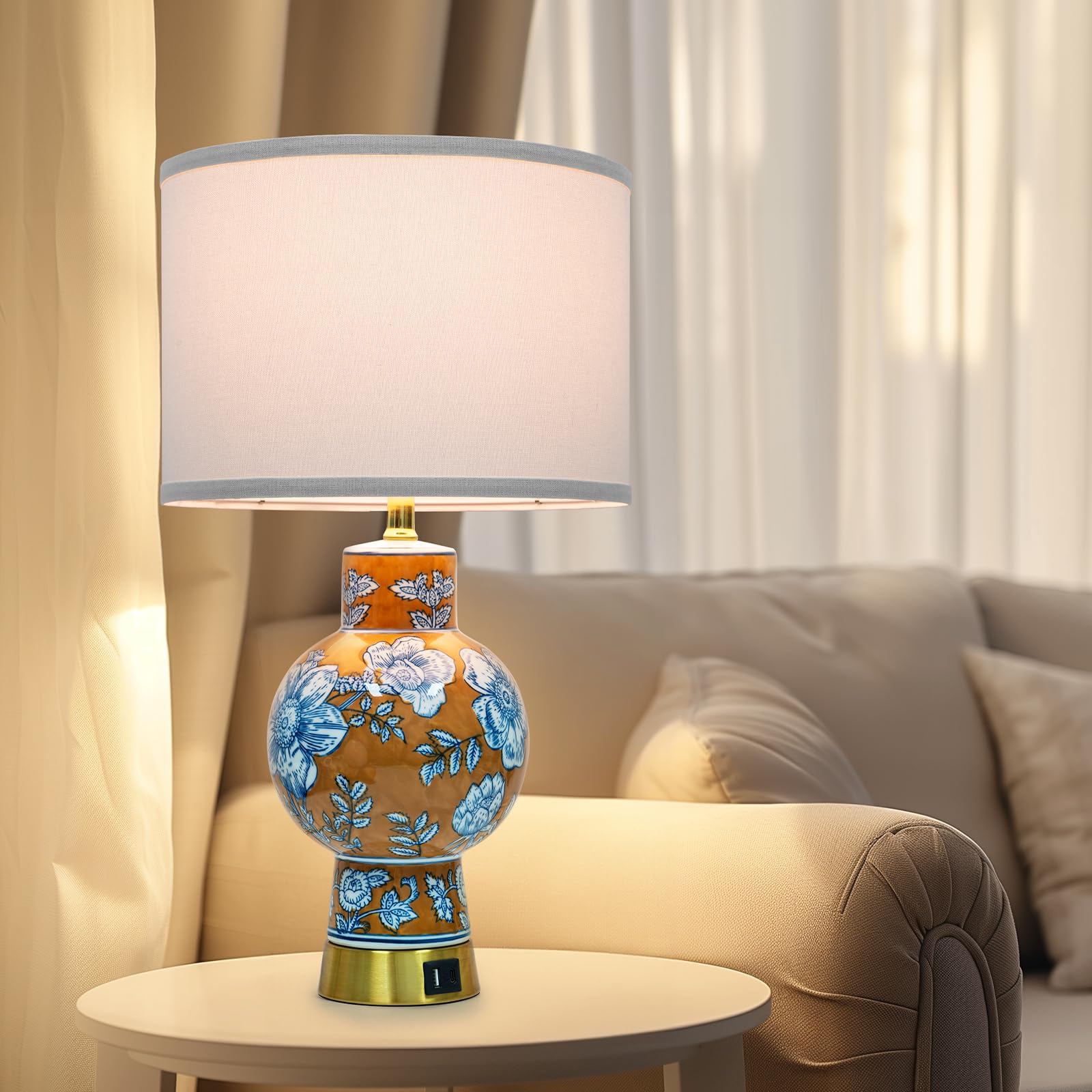 EOEYYOYB Table Lamp - Vase Design, Linen Material, Type-C & USB Ports, Orange, Model 1987, Ideal for Bedroom & Office