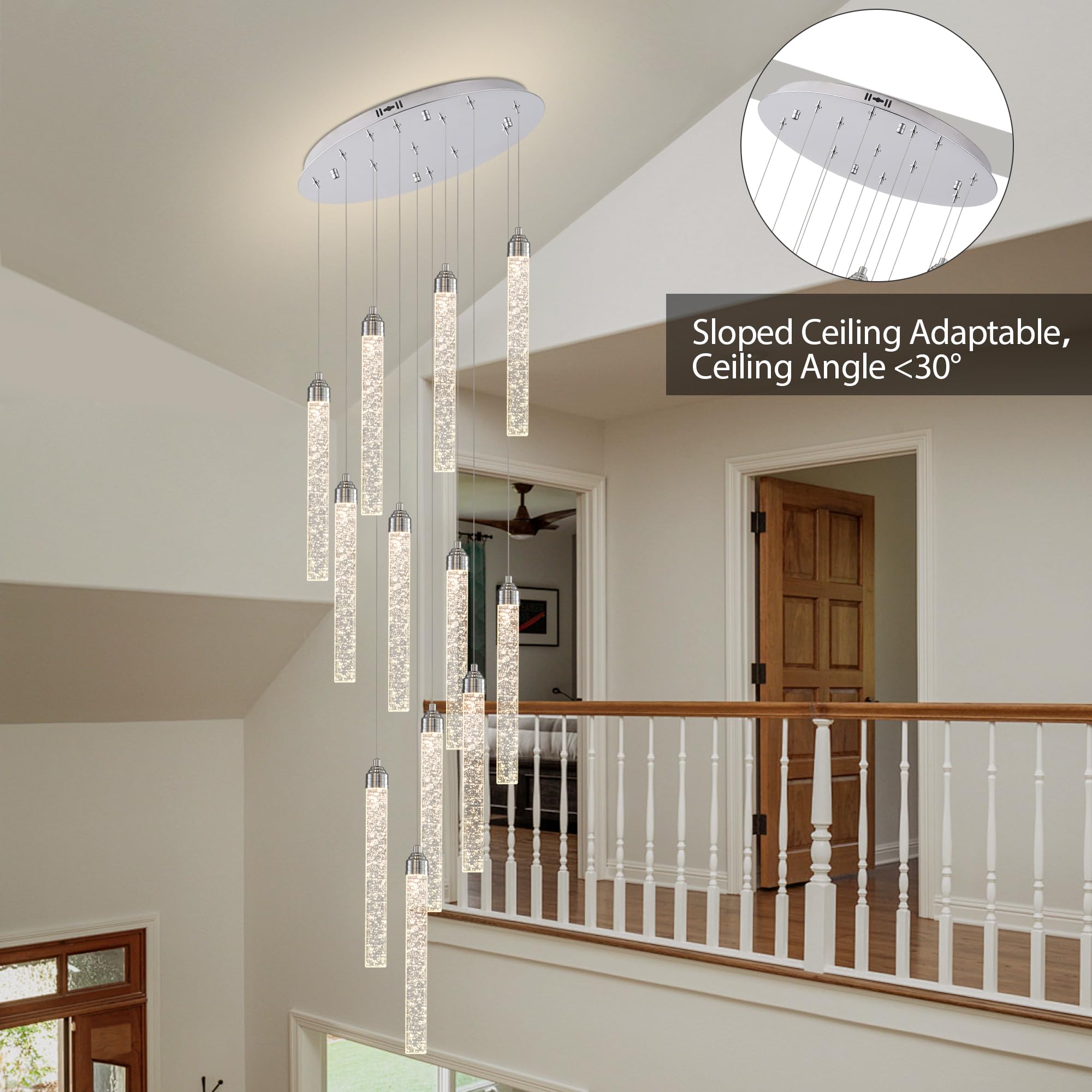 YwueChwu 12-Lights High Ceiling Crystal Staircase Chandelier Chrome, Modern Spiral Raindrop Dimmable LED Bubble Cluster Ceiling