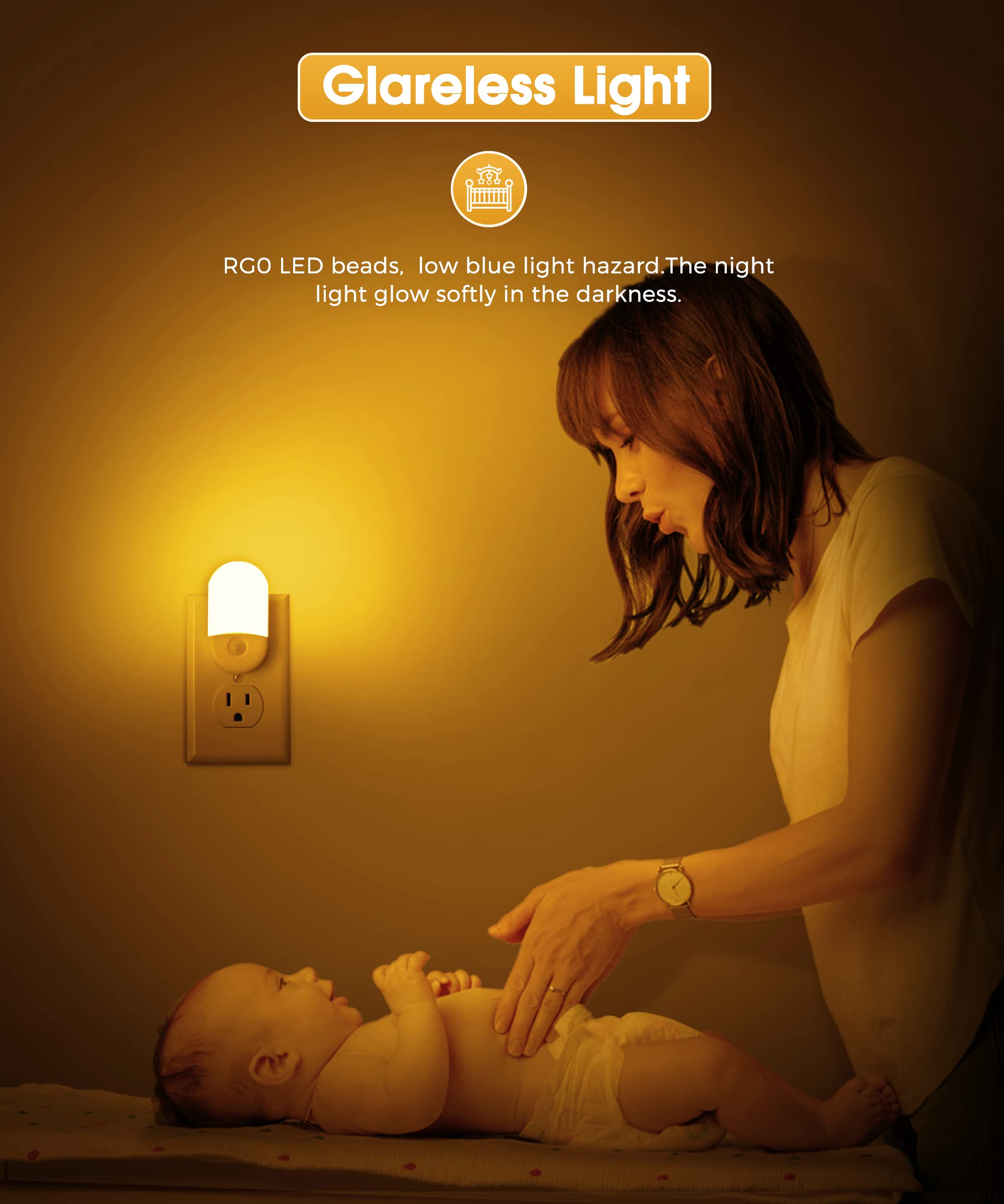 Amber Night Light, Lohas Night Lights Plug Into Wall[2 Pack], 0.6W 2000K Led Night Light, Dusk To Dawn Sensor, 30/60Lm Adjustable Brightness, Automatic Low Blue Night Light For Kid, Bathroom, Hallway