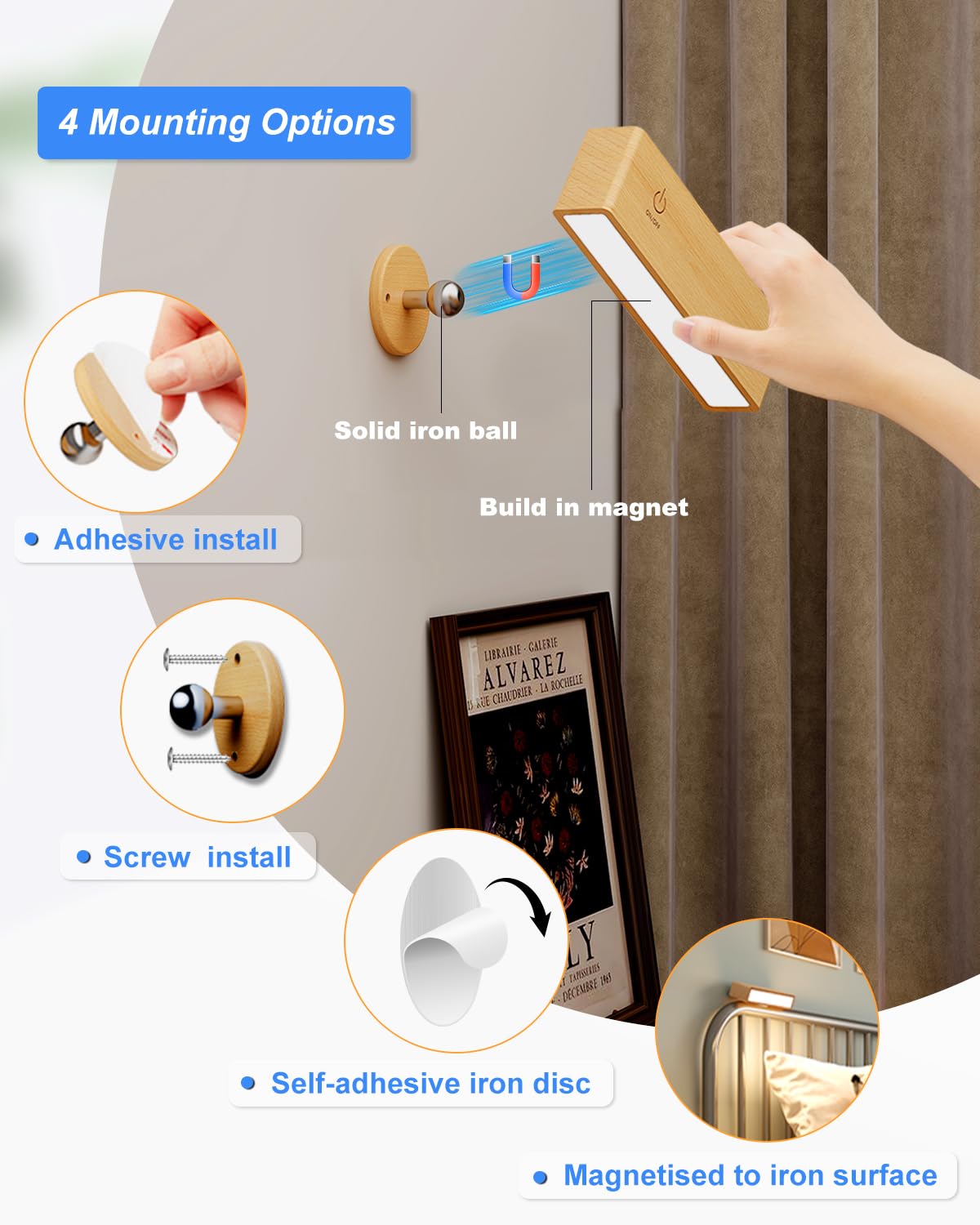 YiLaie Wall Sconces - Rechargeable Wireless Dimmable Wood Lamps, 2 Pack Touch Control, Beechwood Finish, Model EL-US-001