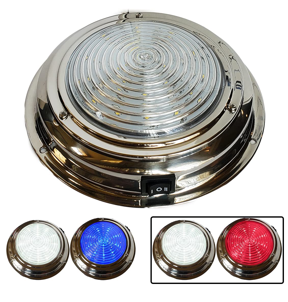 Wave One Marine Dual Color 7'' Led Boat Dome Light 12V Rv | Stainless Housing | Ceiling Cabin Room Surface Mount | Built In Rock