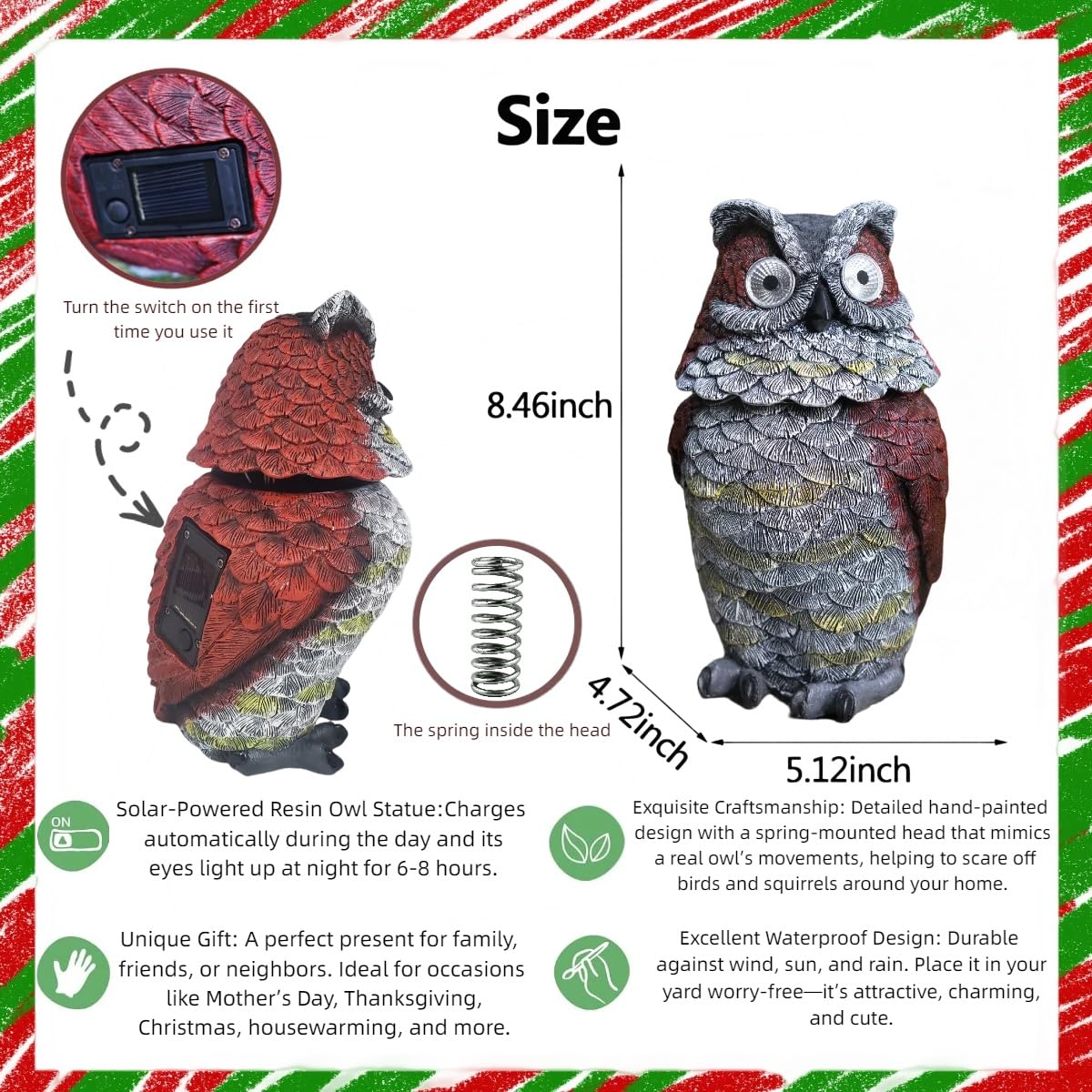 Jy.Cozy Solar Owl Decoy Statue - Glowing Eyes Resin Outdoor Decor For Garden, Porch, Lawn