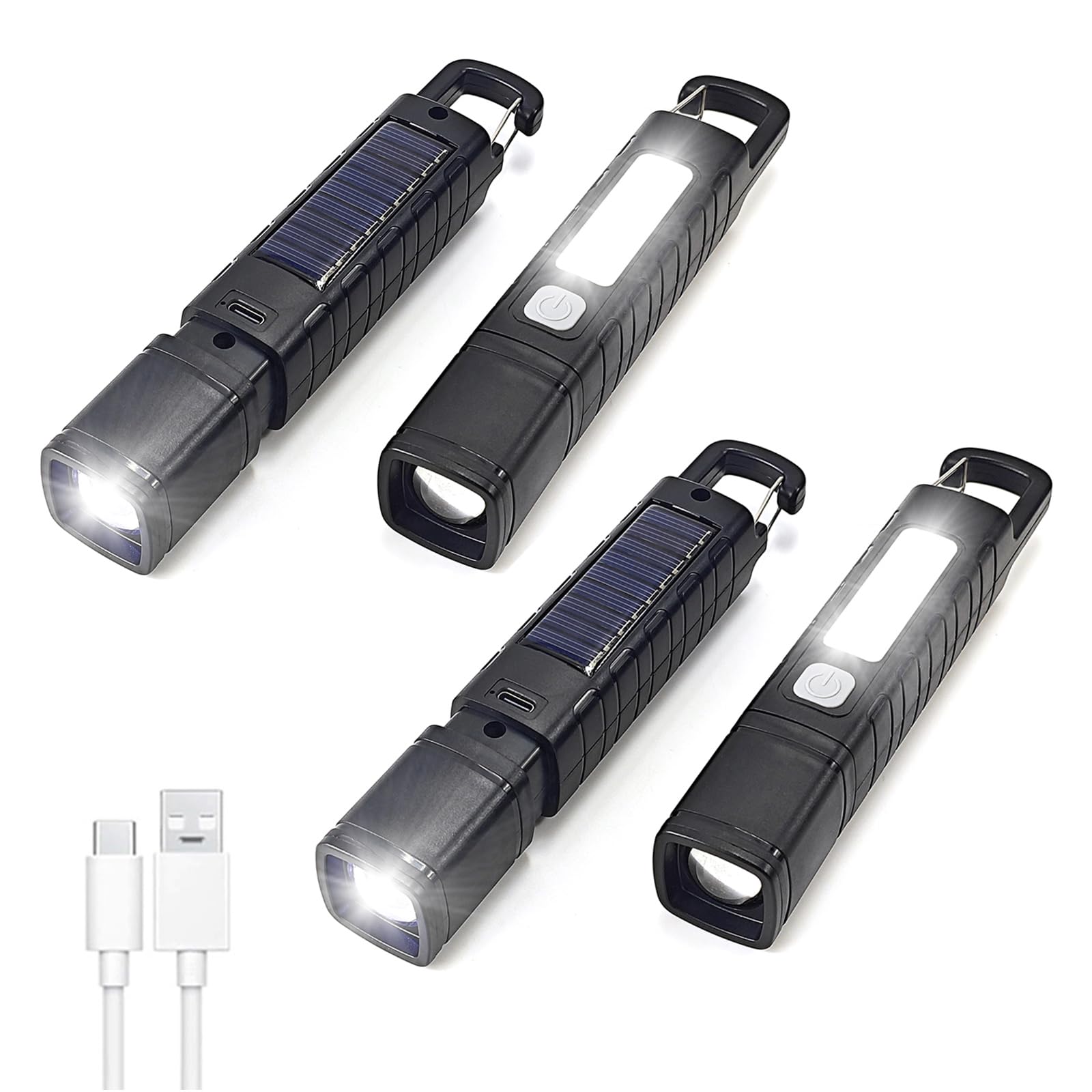 Hilngav 4 Pack Solar Flashlight, Rechargeable Zoomable LED Flashlight, High Lumens Solar Powered Flashlights with Tail Hook Rech