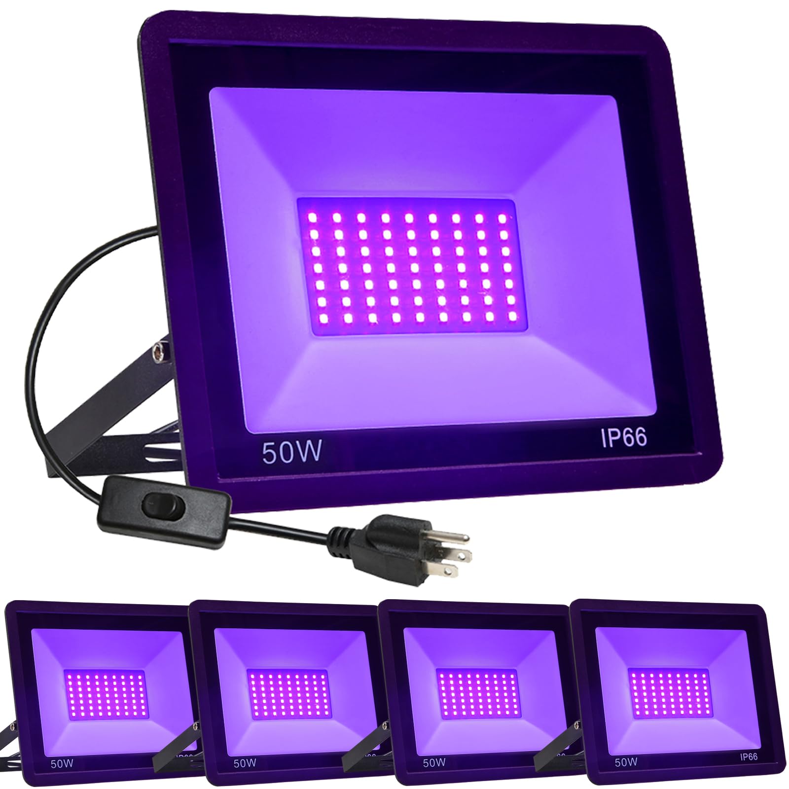 QIYEKA 4 Pack 50W LED Black Lights, Flood Blacklight with Plug, IP66 Waterproof Outdoor UV Spotlight for Dance Party Large Space