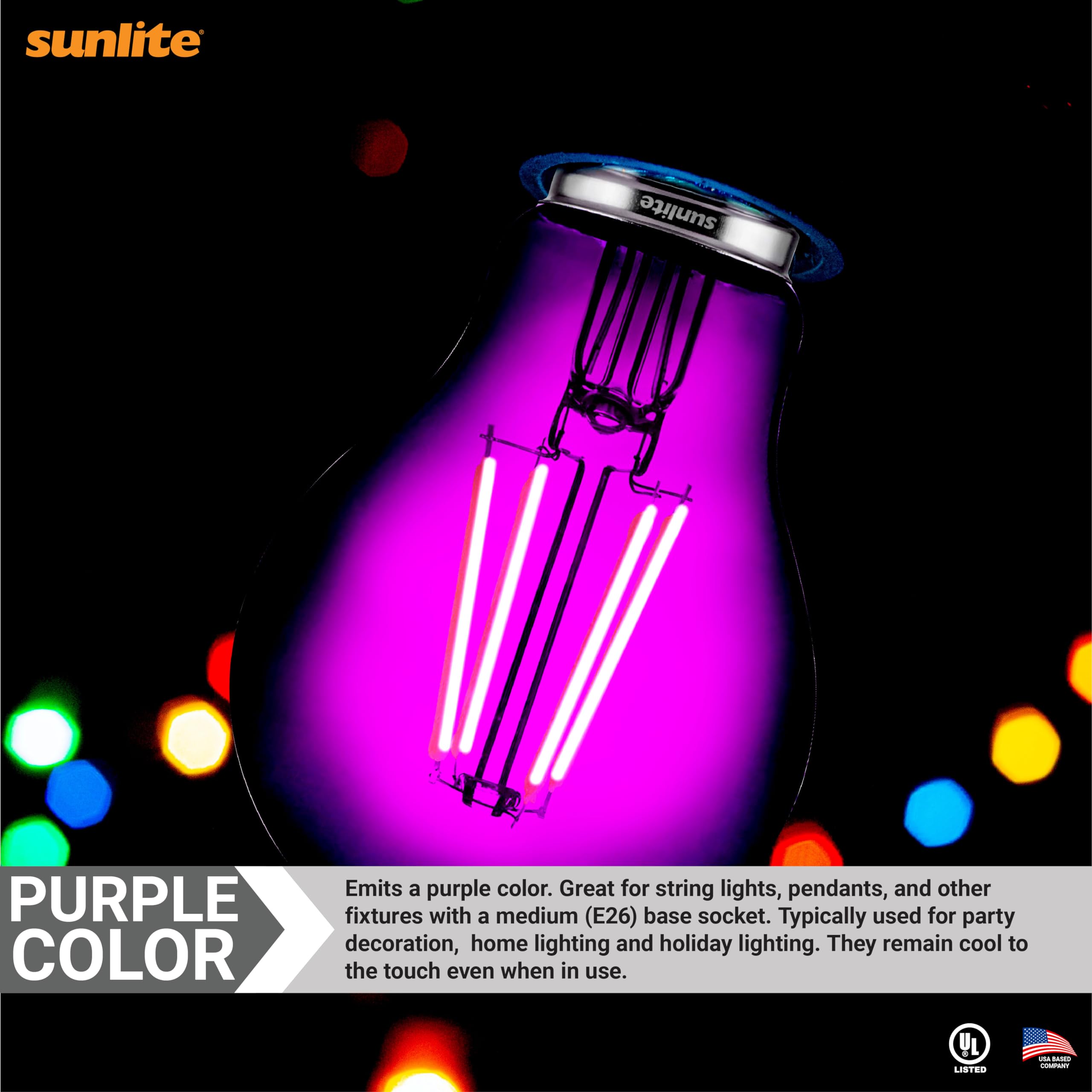 Sunlite LED Colored Filament A19 Light Bulb, 4.5W, Medium E26 Base, Dimmable, 2 Count, Purple, Model 81081