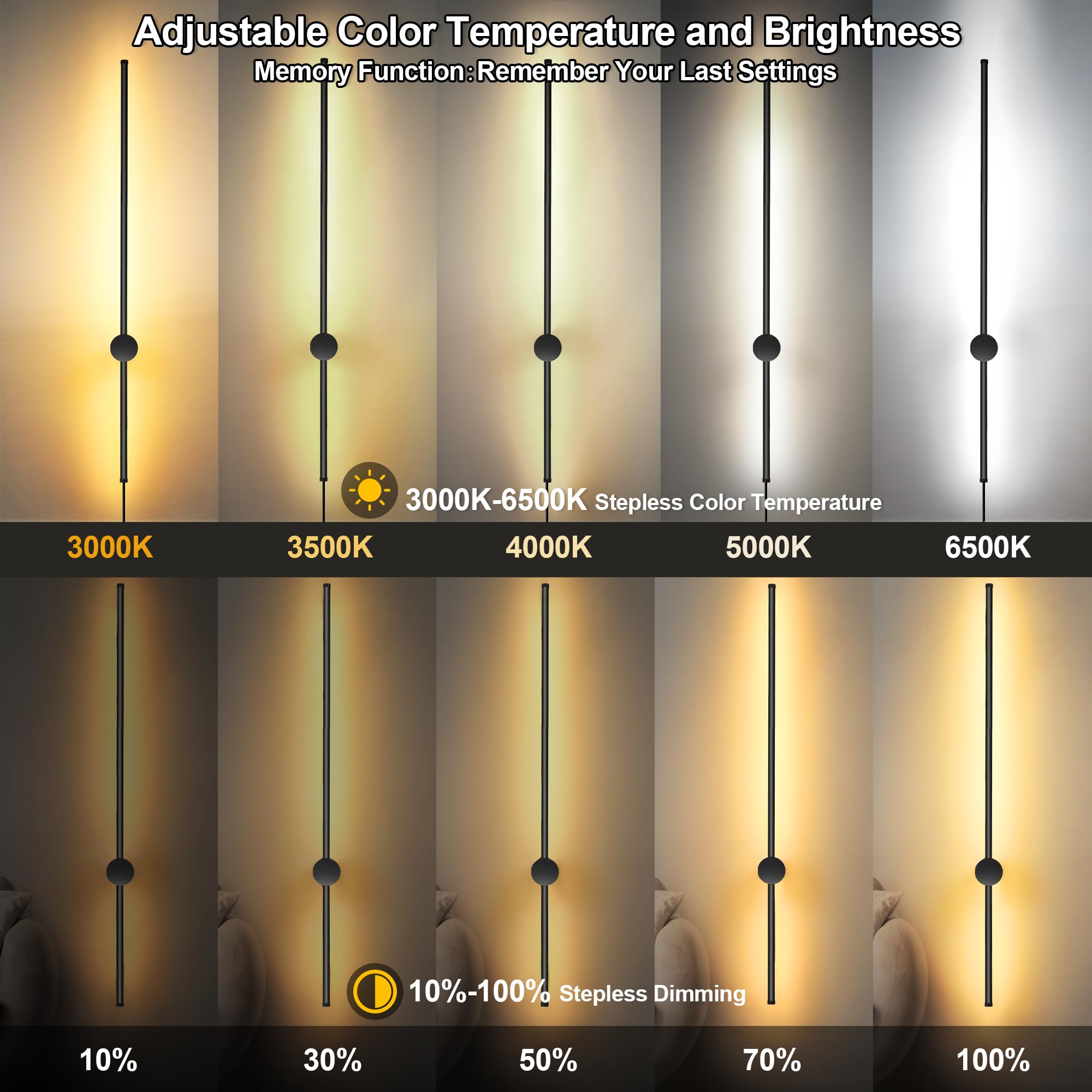 Goodate Wall Sconces Set Of Two With Remote, Stepless Colors 3000K-6500K & Stepless Dimming, Hardwire Or Plug-In, 180? Rotate, L