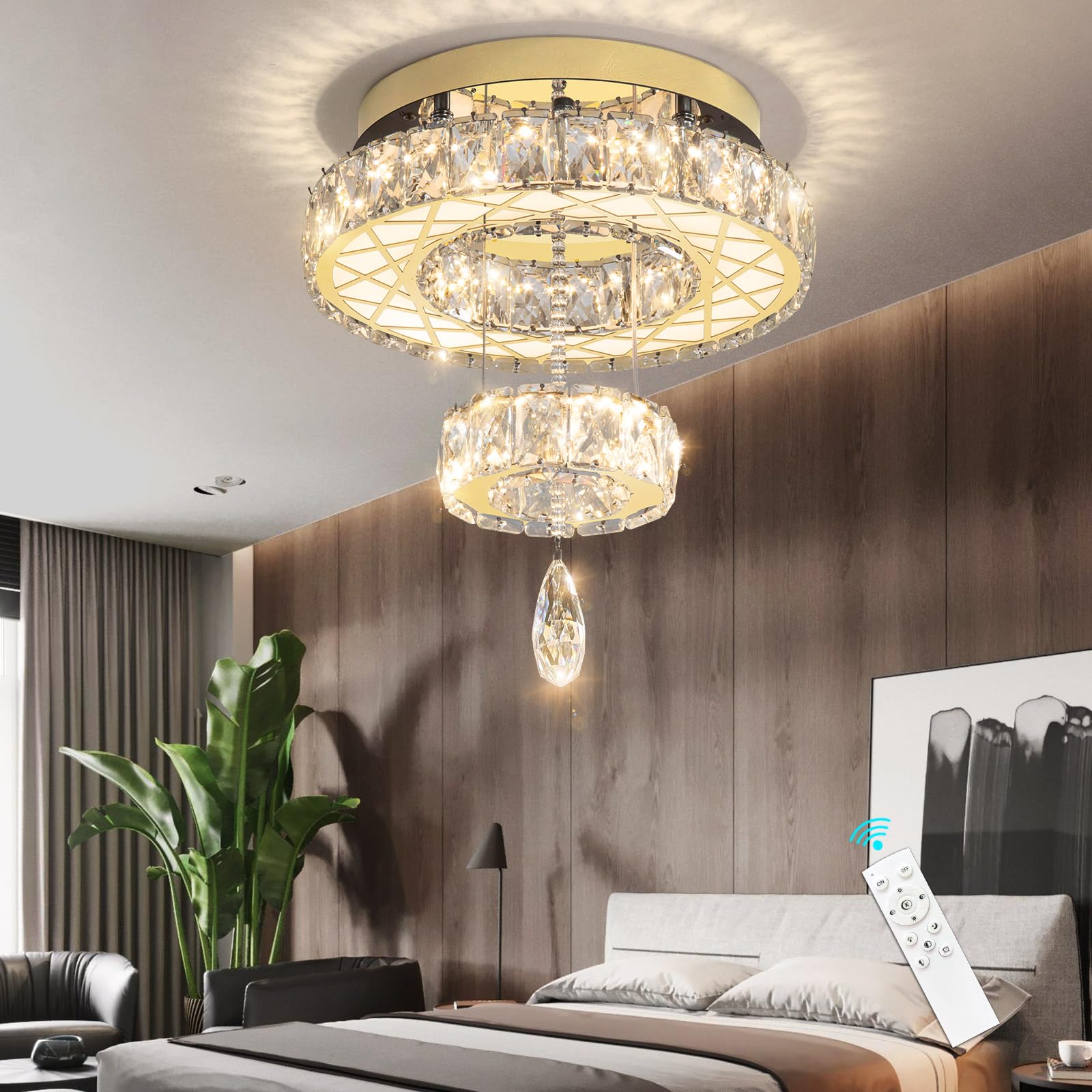 HAIXIANG 16-Inch Glam Chandelier LED Ceiling Light Fixture, Gold, Remote Dimmable, Model MMQ3831