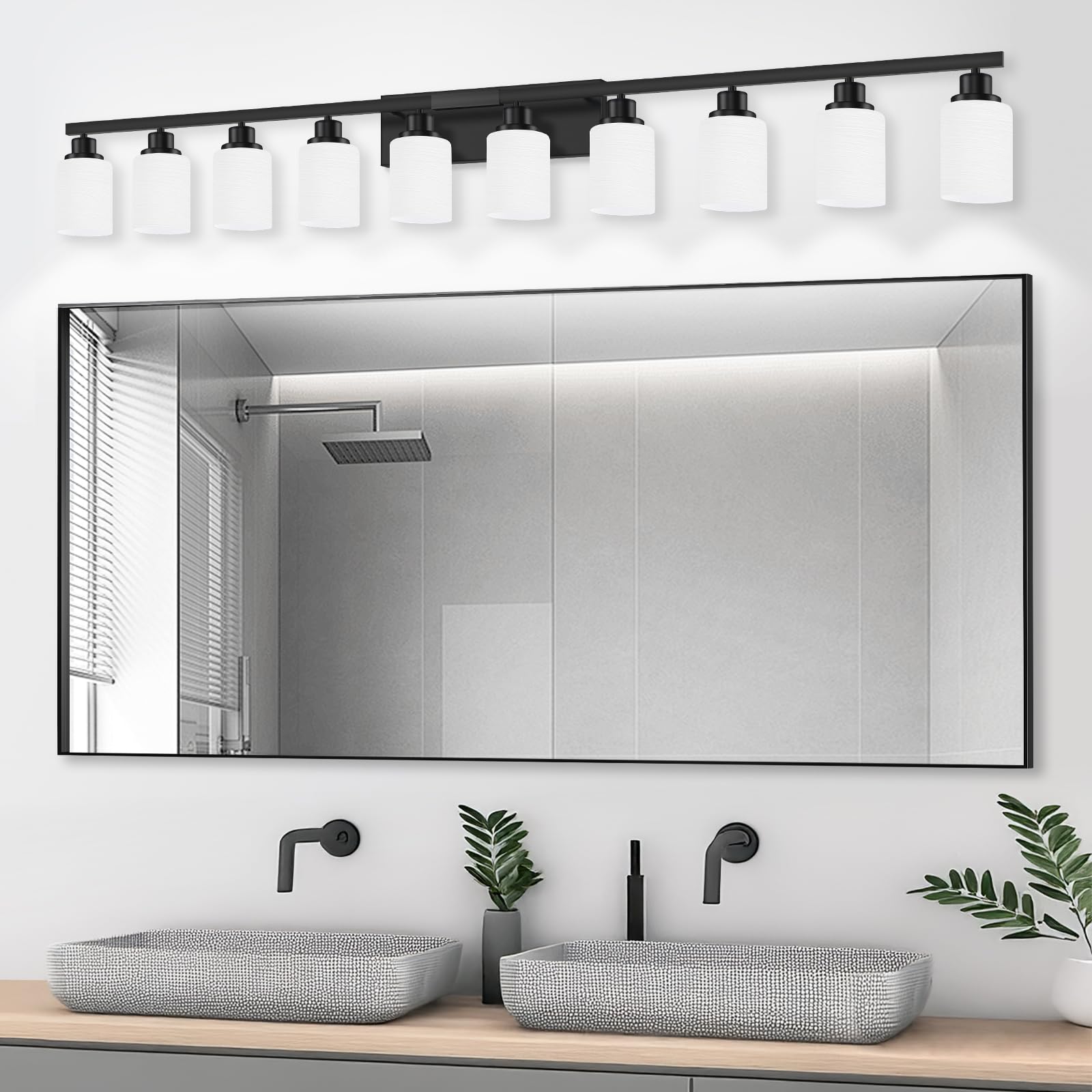 DIKAIDA 10-Light Bathroom Vanity Lights, Black Metal with White Glass Shades, 65.4 inch, Model DKD-LW-HS-10