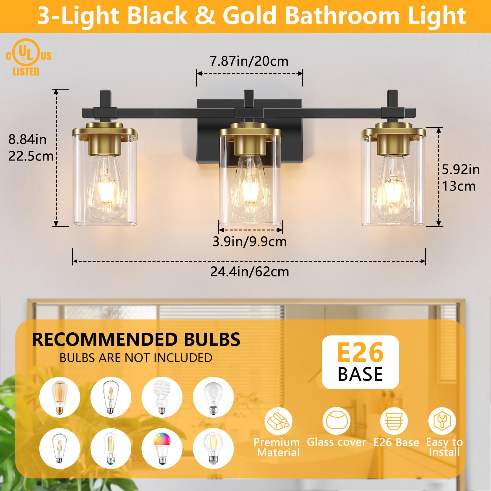 Spiglamm 3-Lights Black And Gold Bathroom Light Fixtures Over Mirror, Modern Brushed Gold Vanity Lights For Bathroom, Sconces Wa