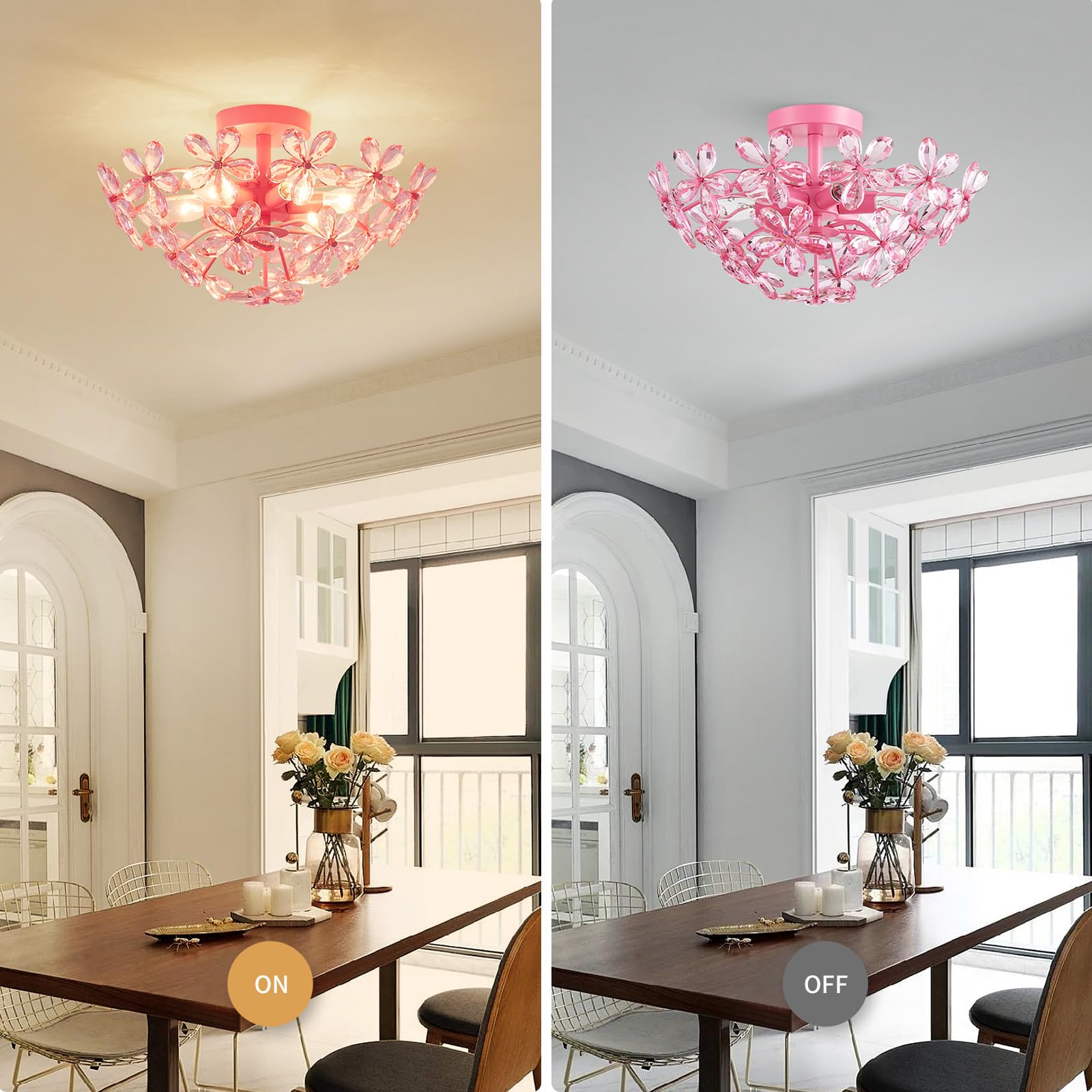 WUZUPS Crystal Chandelier Flushmount Ceiling Light, 8.9in H x 17.7in W, Pink, Metal, 6 Lights, Model USHD90013C-P