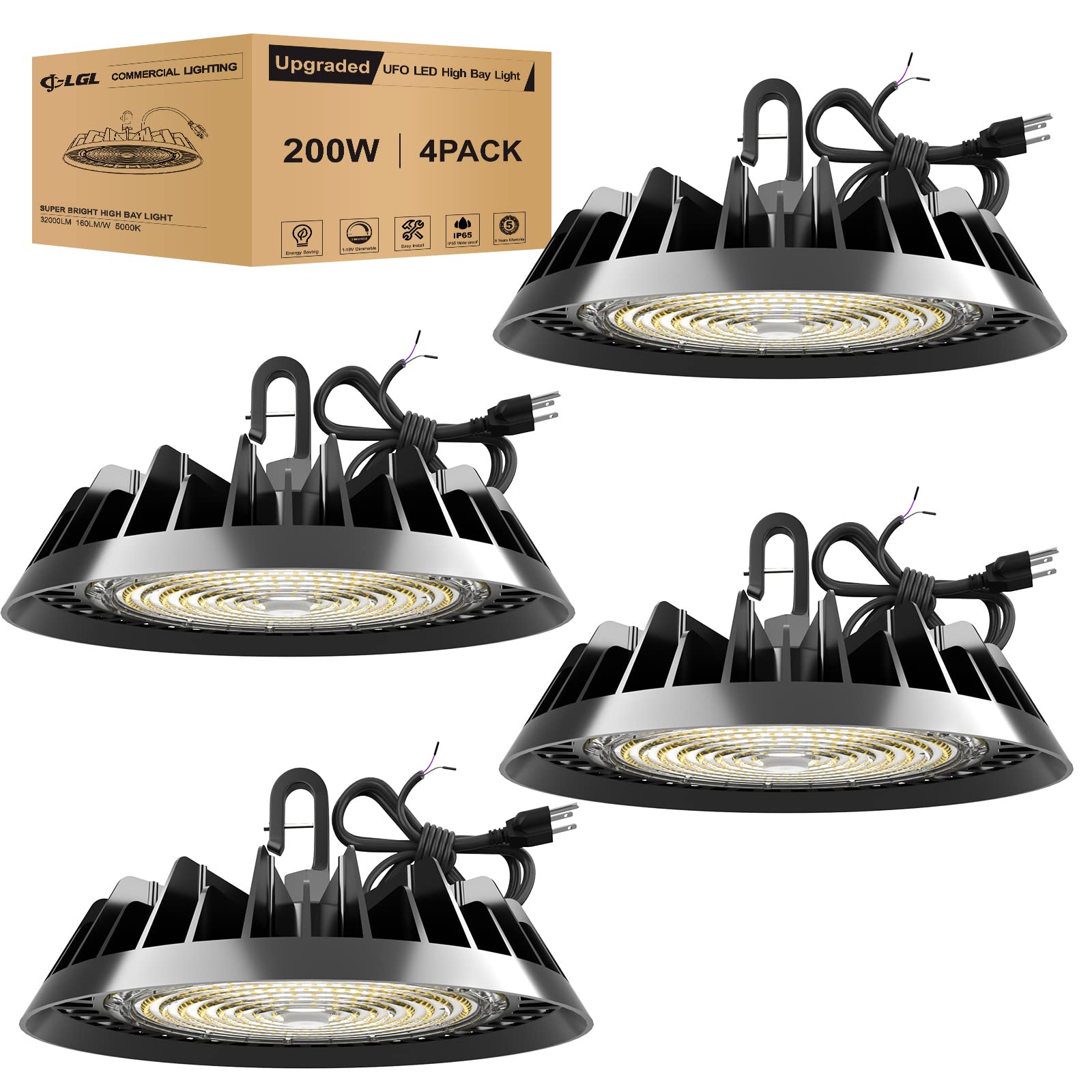 Jc-Lgl Ufo Led High Bay Light 200W 4 Pack, High Bay Led Light 32,000Lm (160Lm/W) 1-10V Dimmable, 5' Cable With Plug, Hanging Hook, Safe Rope, Etl Listed High Bay Light For Factory Warehouse Workshop