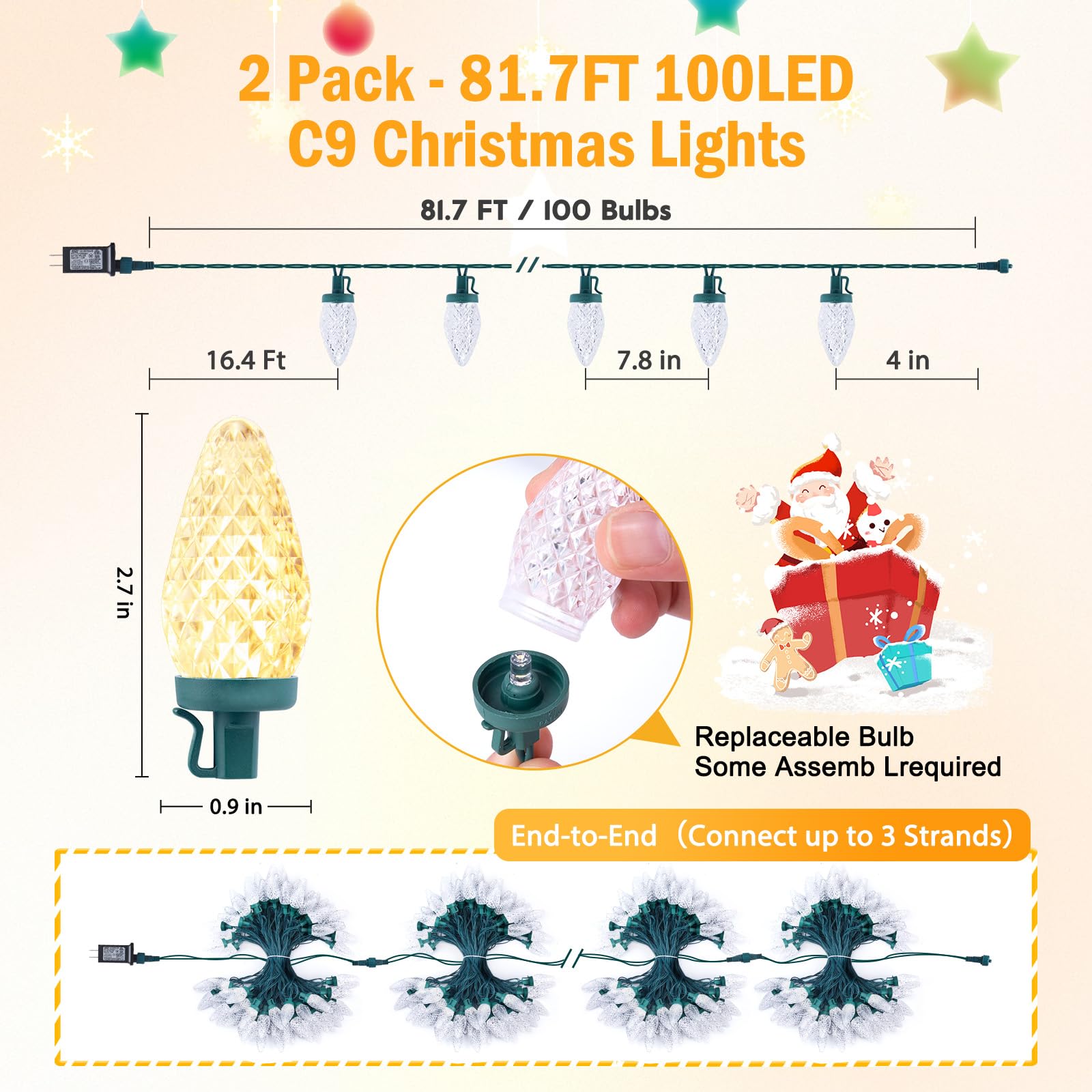 Brightown 2 Pack Warm White C9 Christmas Lights - Total 162 Ft 200 Led String Lights With Timer & 8 Modes, Waterproof Connectabl