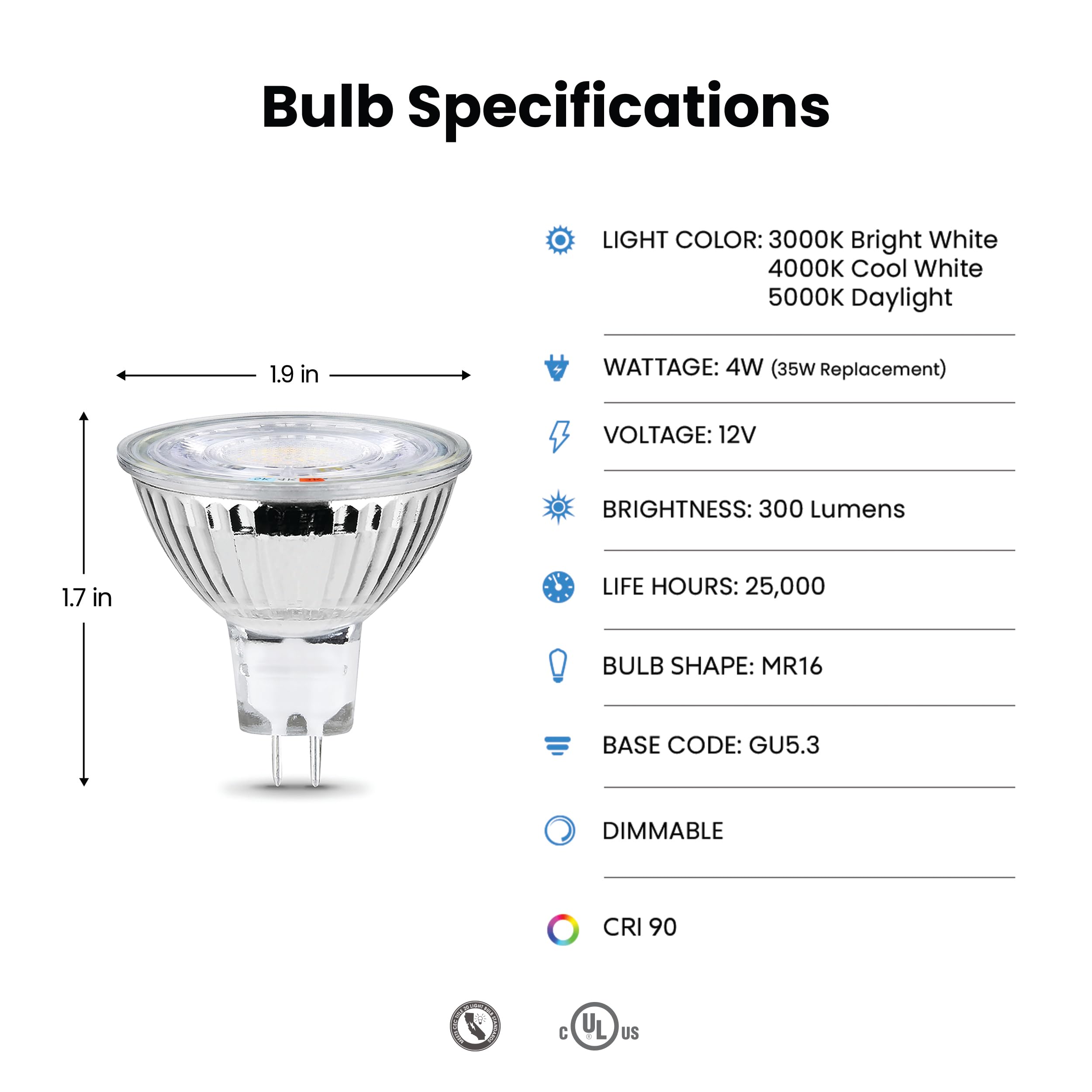Feit Electric Mr16 Led Reflector Light Bulb, 20W Equivalent, Dimmable, Gu5.3 Base, 90+ Cri, 200 Lumen, Adjustable Color Temperat