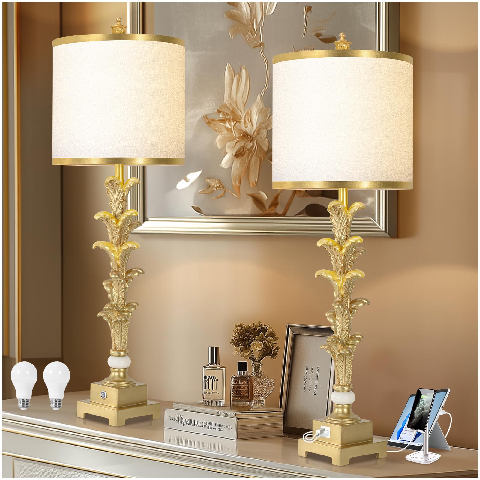 Touch Control Table Lamps Set of 2, 3-Way Dimmable Nightstand Lamps with USB A+C Ports, 33.5'' Tall Buffet Lamps with White Shad