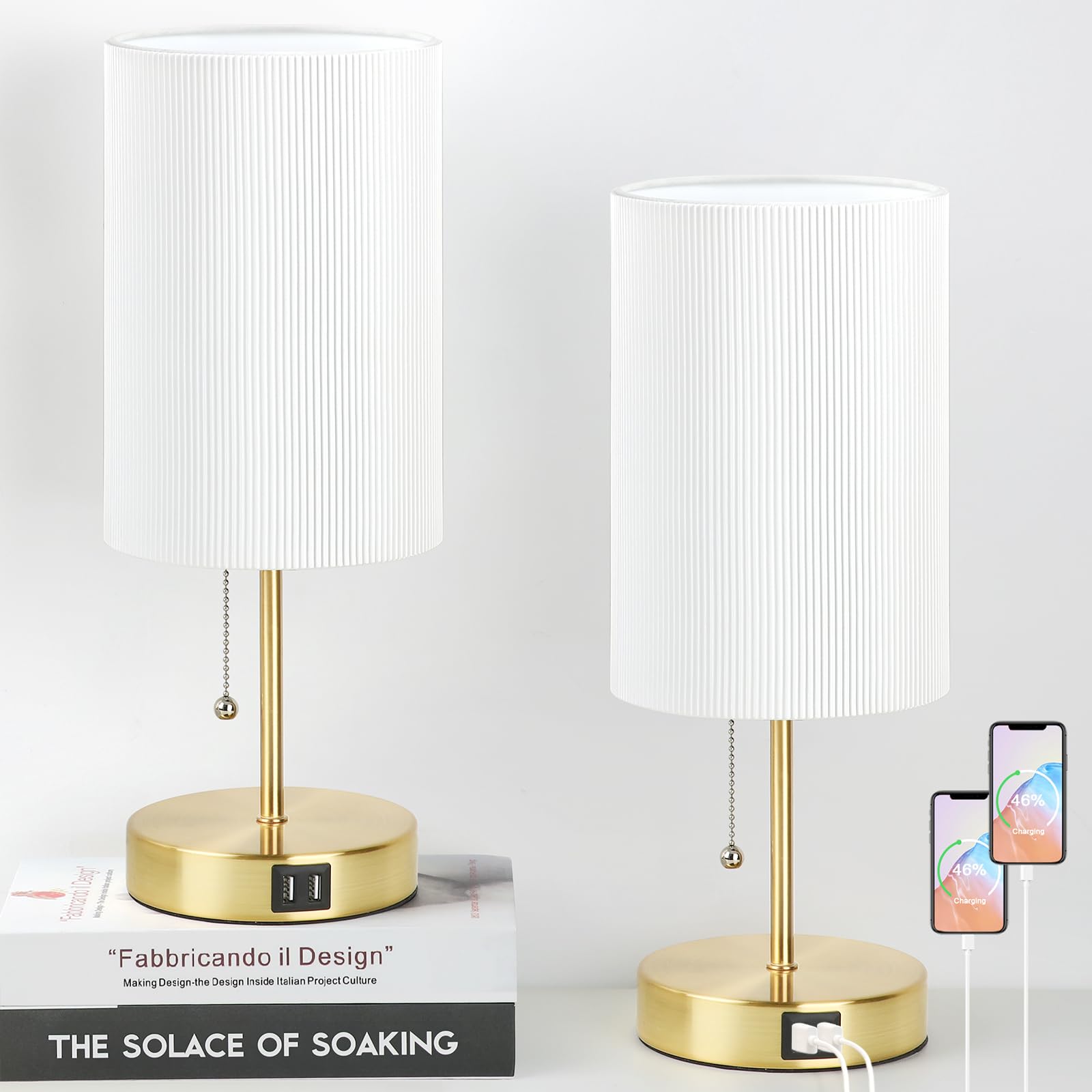 Lakumu 2 Sets Table Lamps with USB, White Pleated Shade, Gold Metal Base, Model ST0011-G, Ideal for Bedroom, Living Room, Dorm