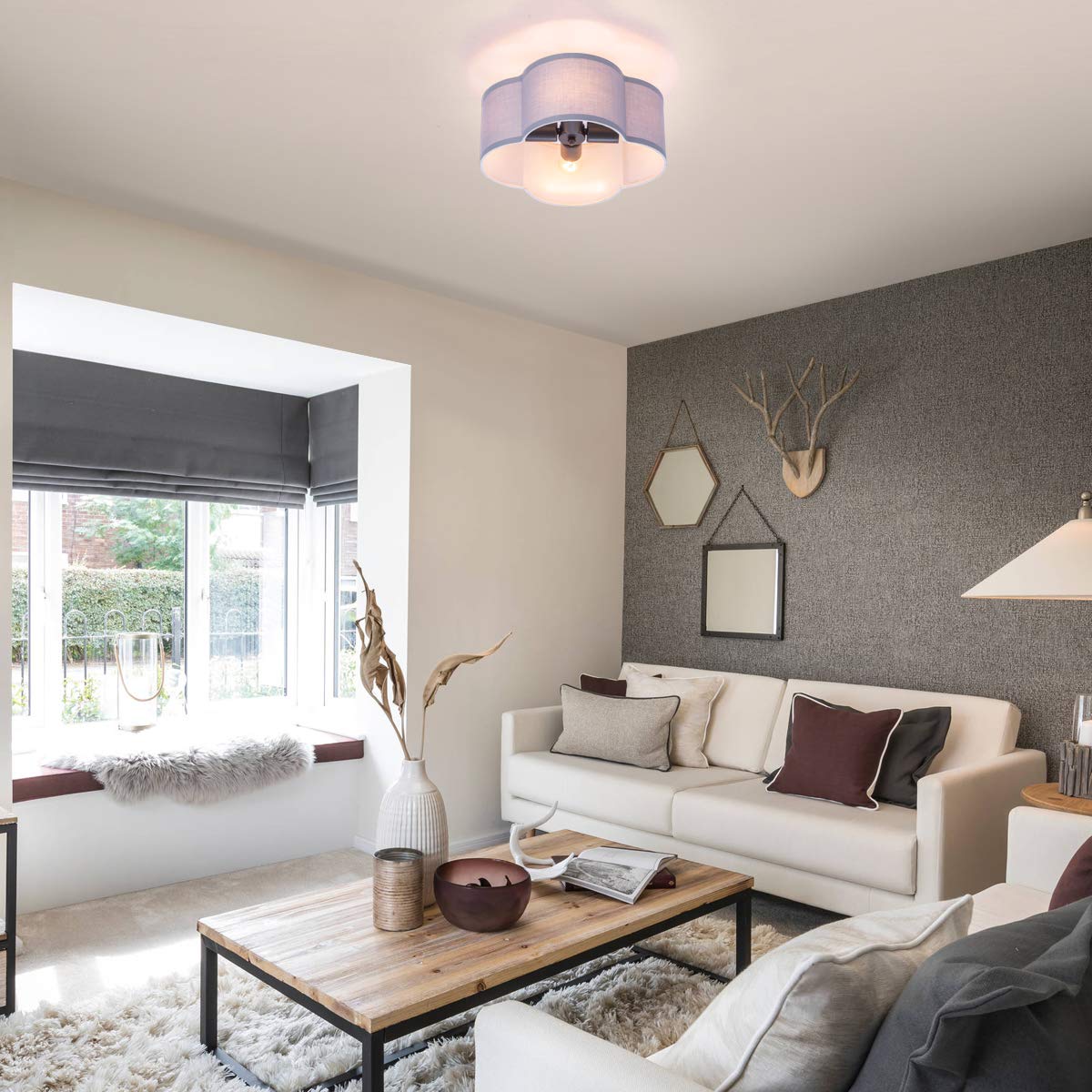Modern Semi Flush Mount Ceiling Light Fixture - Gray Linen Fabric Ceiling Lamp Drum Shade Black Brush Paint Finish 4-Light For B