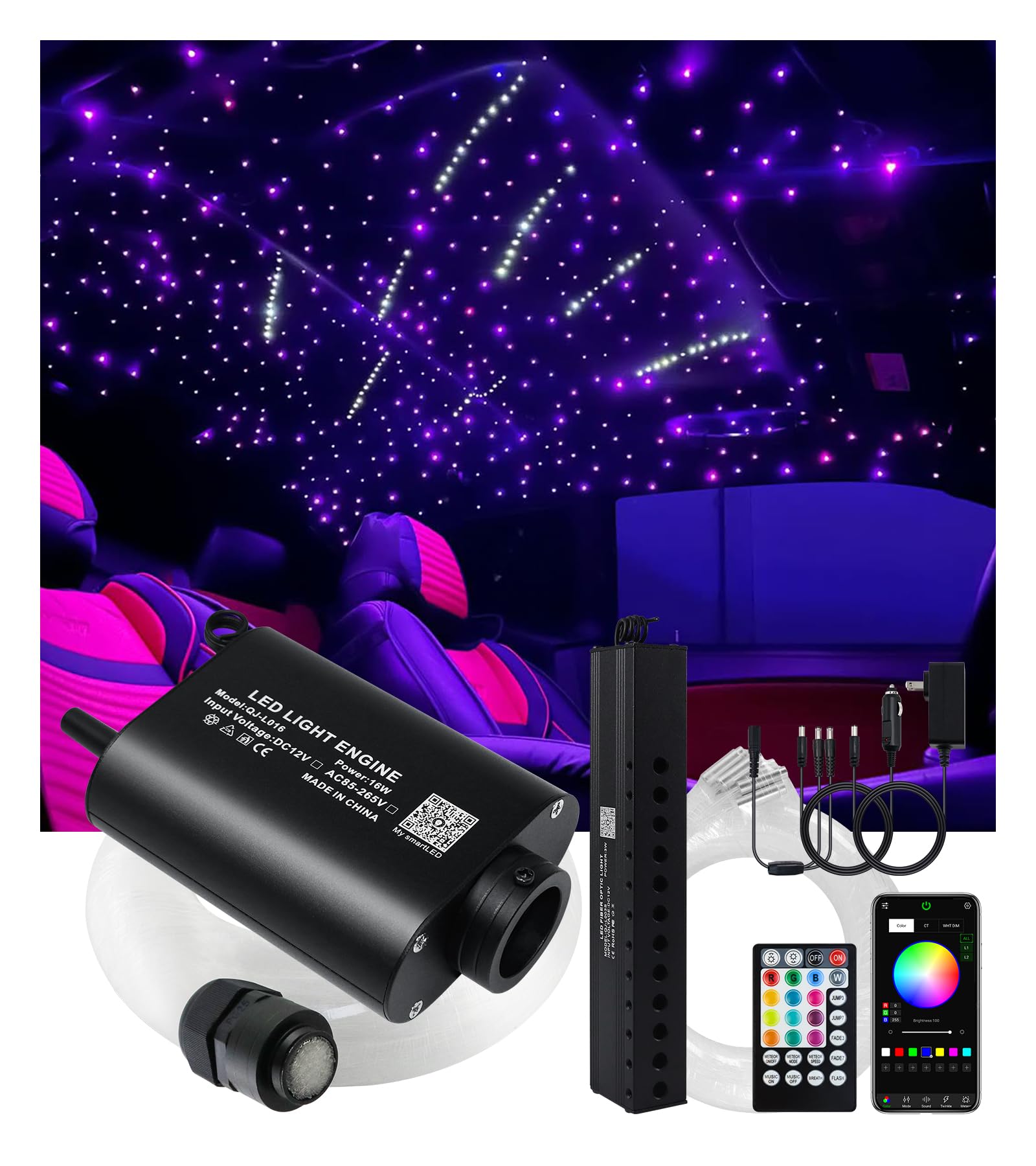 Upgraded 16W Starlight Headliner Kit LED Star Ceiling Stars Fiber Optic Lights Kit 500pcs Sound Activate APP/Remote Control 0.03in 6.5ft Fiber Strands Small Size Star Lights for Car/Home/Party