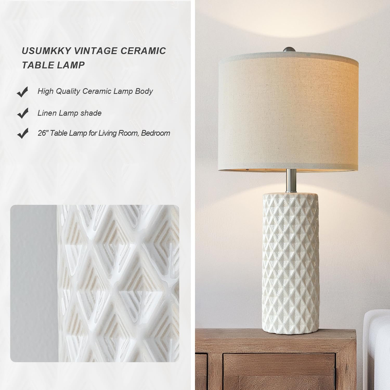 USumkky Table Lamp Set of 2 - 26" Vintage White Ceramic Lamps for Living Room, Nightstands, End Tables - Model AMZ-T1232