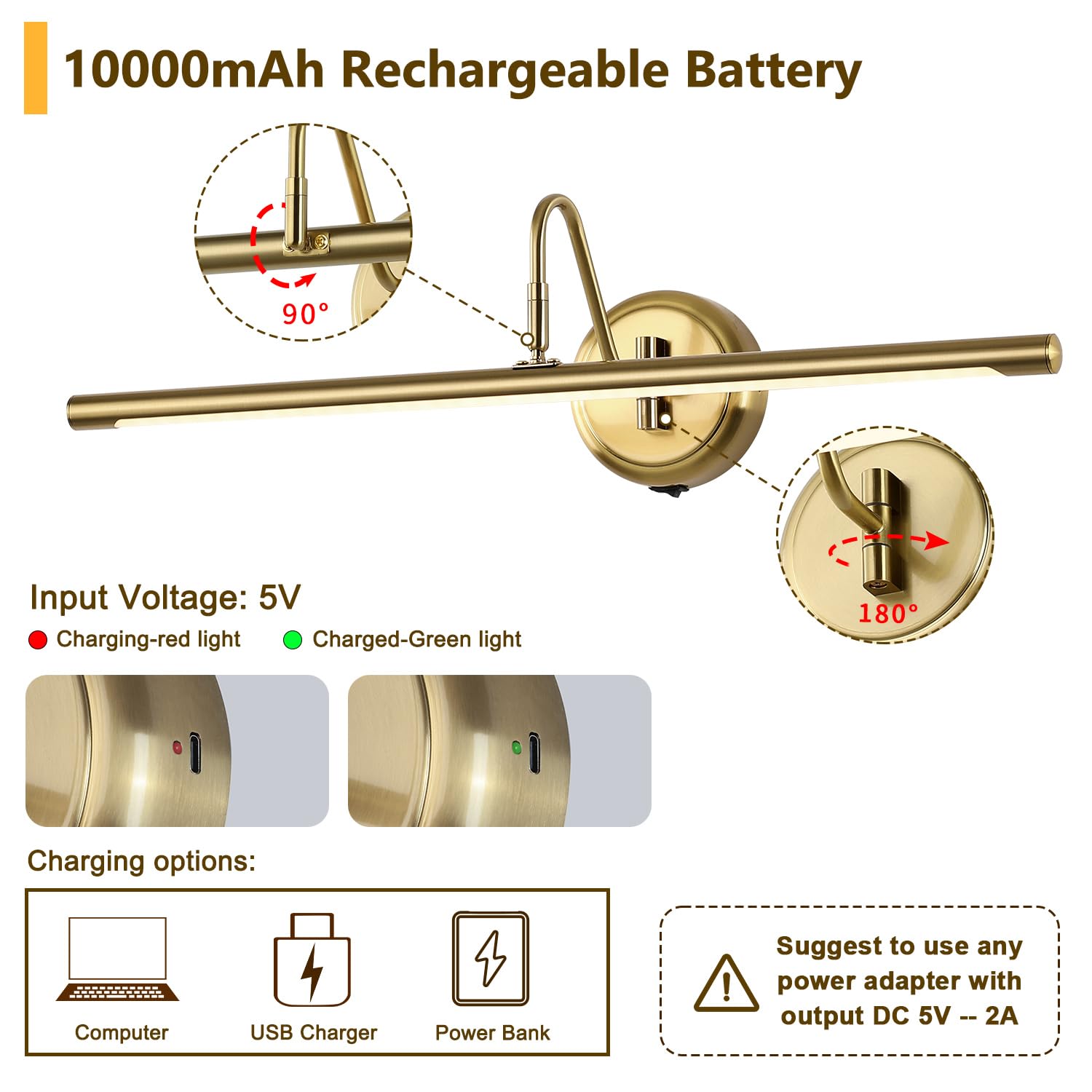 JOOSENLUX Battery Operated Picture Light, 24.4" Dimmable Brass Wall Sconce, Model 7940, Modern Design for Kitchen and Canvas Art