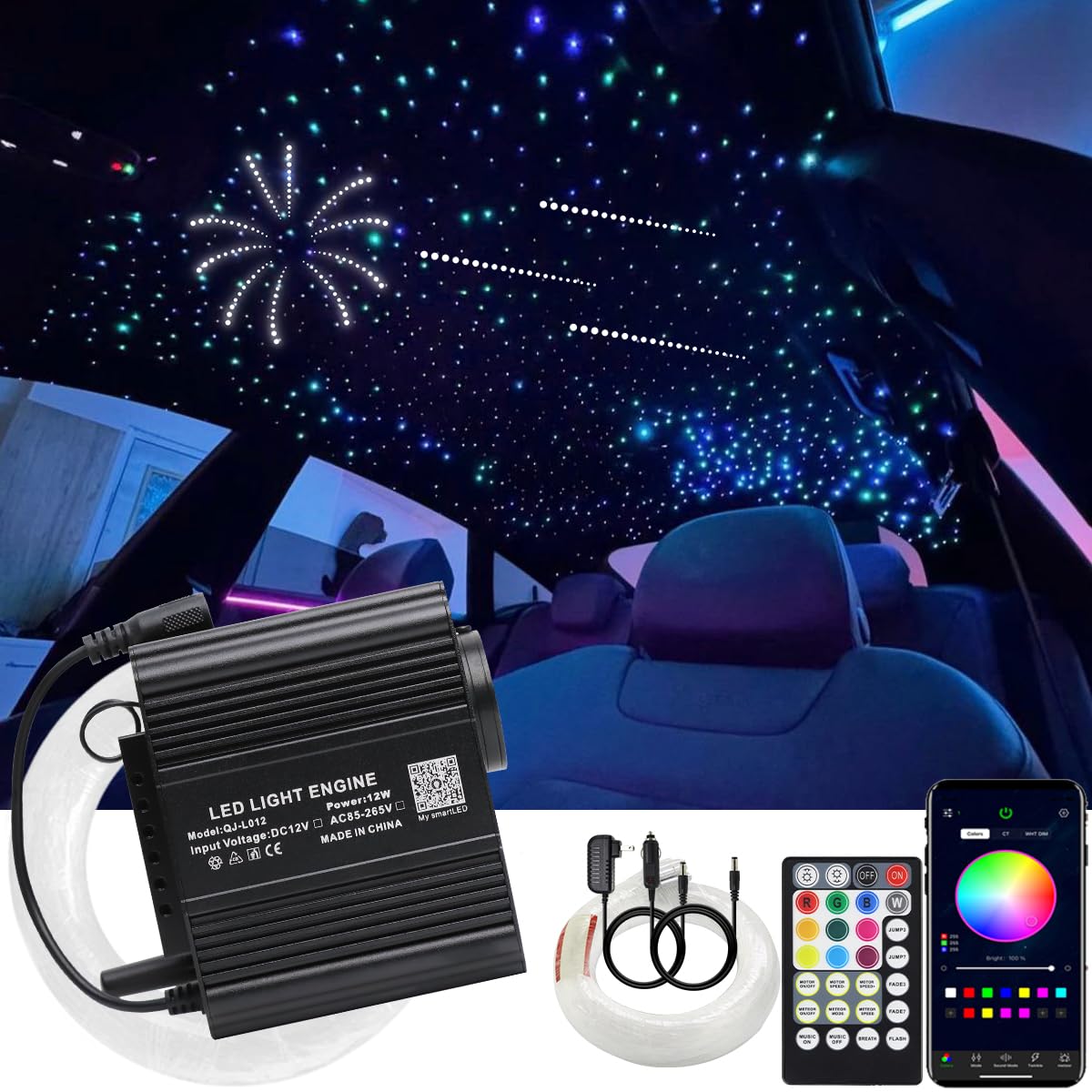 AMKI 550pcs 0.03in 13.1ft Twinkle Starlight Headliner Kit, Updated 2 in 1 Twinkle+Meteor Fiber Optic Light Box RGBW Sound Activa