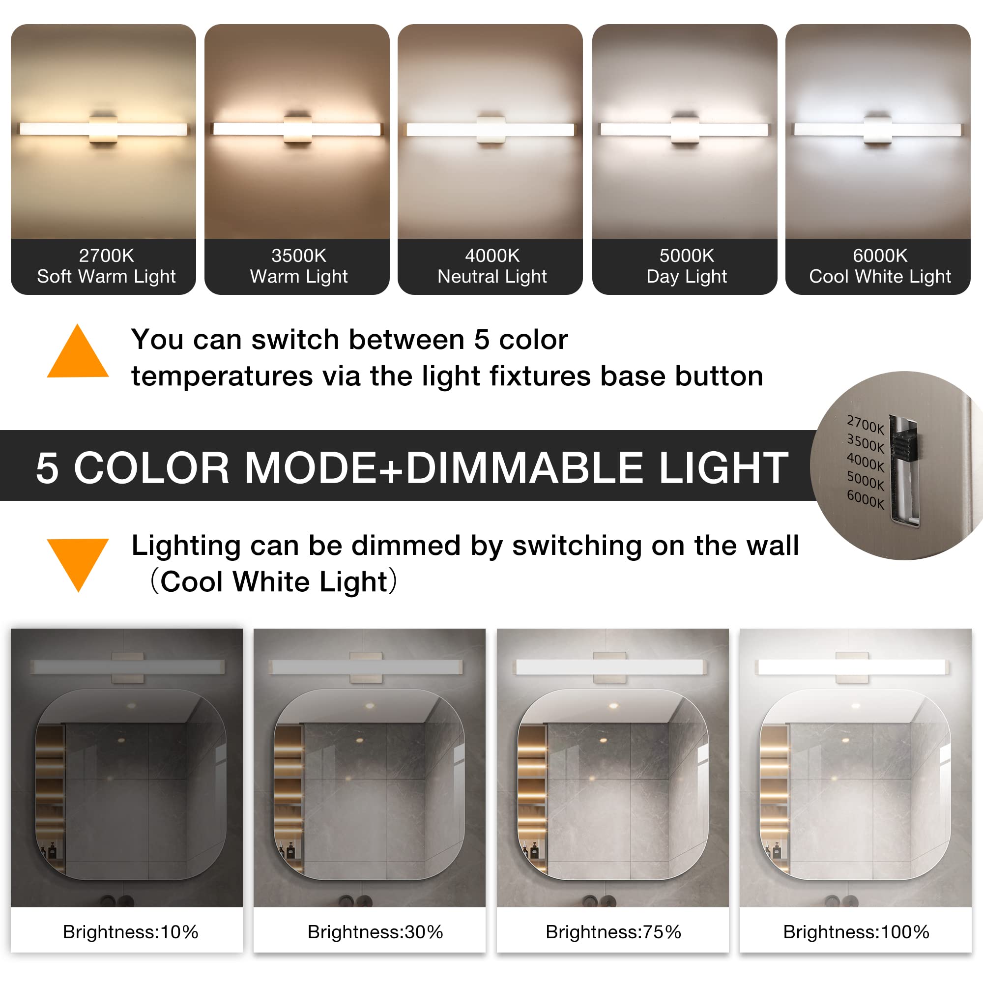 YHTlaeh 24" Bathroom Vanity Light, Brushed Nickel, 14W LED, 4000K Natural White, 33.5" 5CCT Dimmable, Model