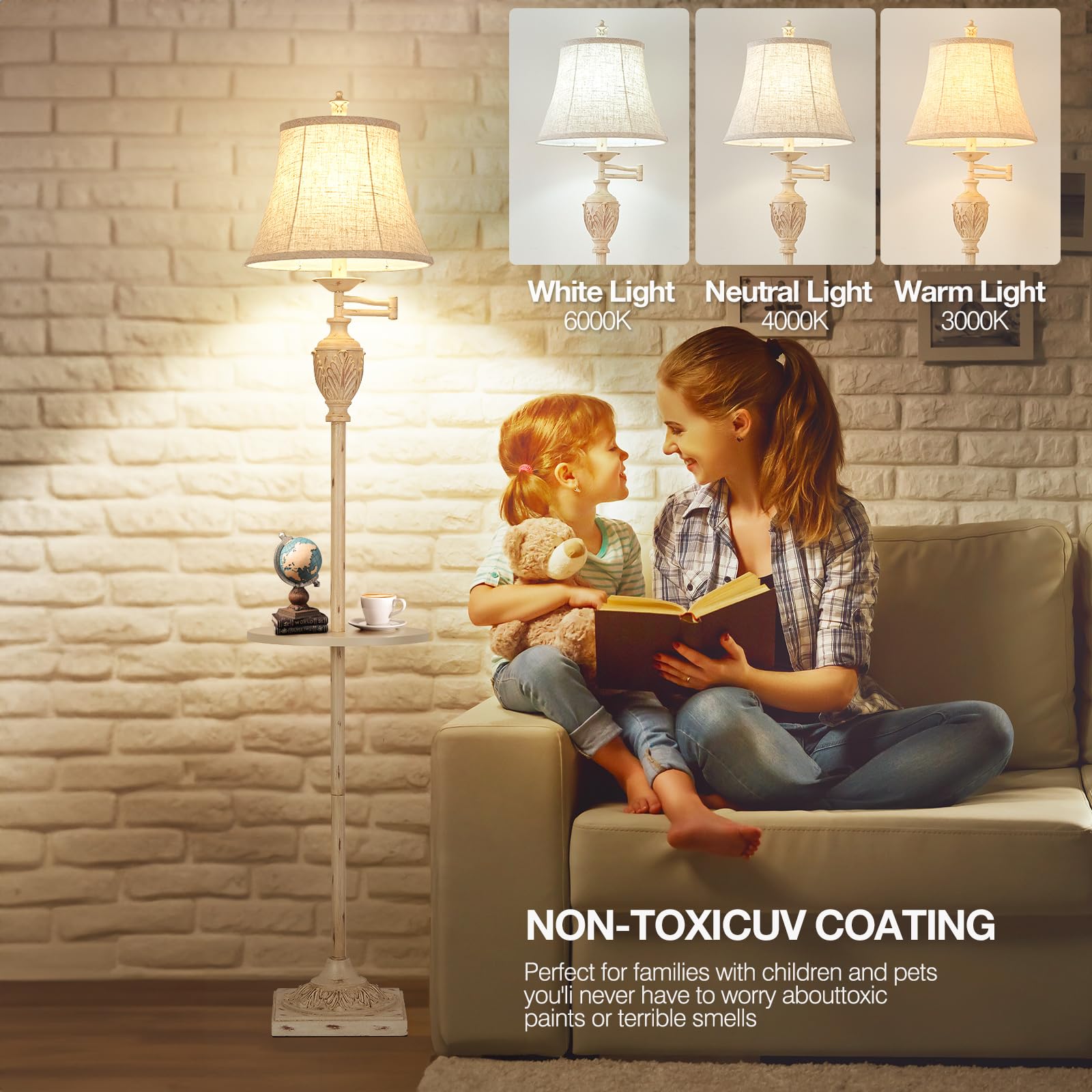 Traditional Led Floor Lamp With 350? Adjustable Swing Arm Lamp - Vintage Pole Lamp Swing Arm For Living Room, Bedroom And Office