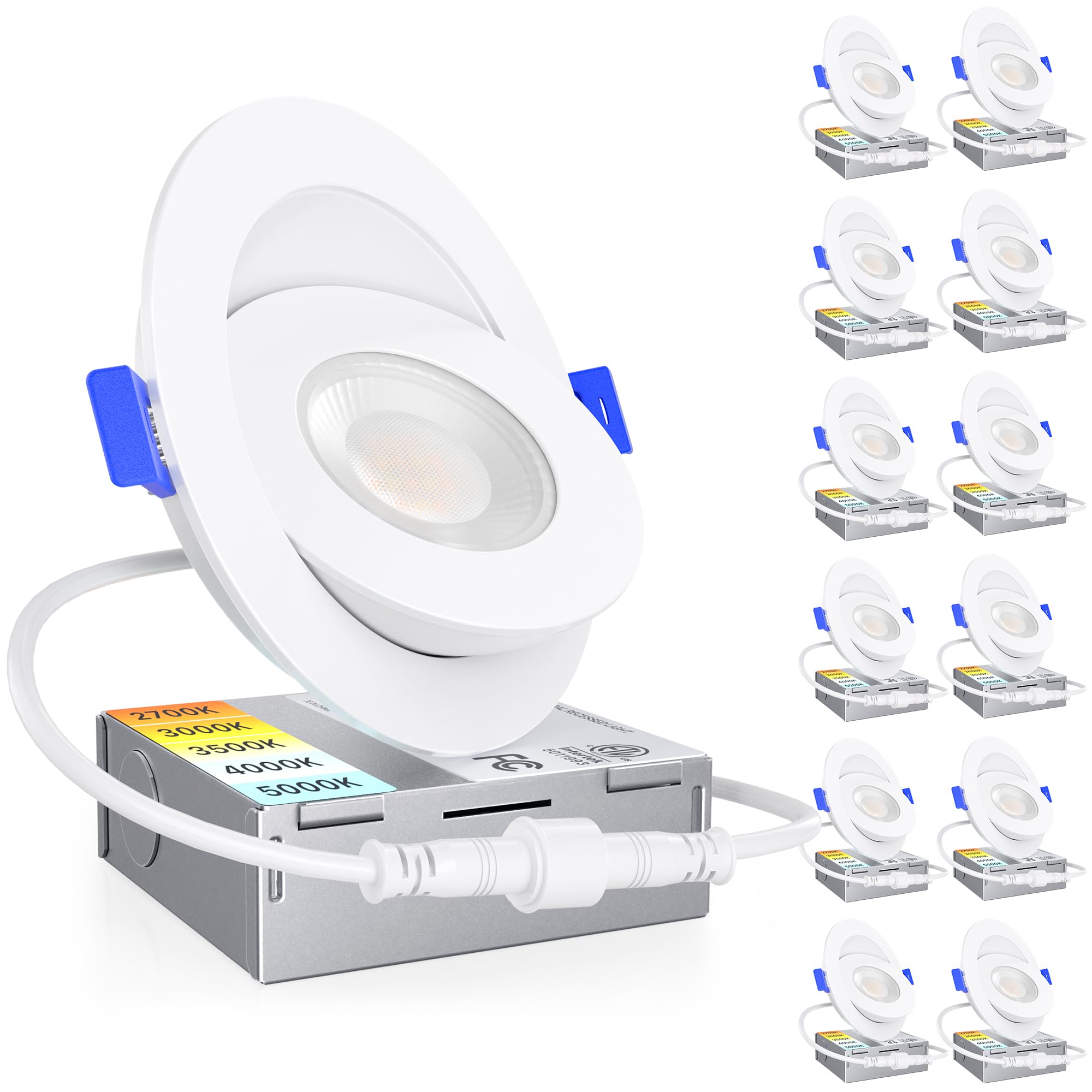 Ensenior 12 Pack 4 Inch 5Cct Led Gimbal Led Recessed Light With Junction Box, 360°+90° Adjustable Directional Eyeball Lighting, Dimmable, 2700K/3000K/3500K/4000K/5000K, 950Lm, 10W=85W-Etl&Fcc
