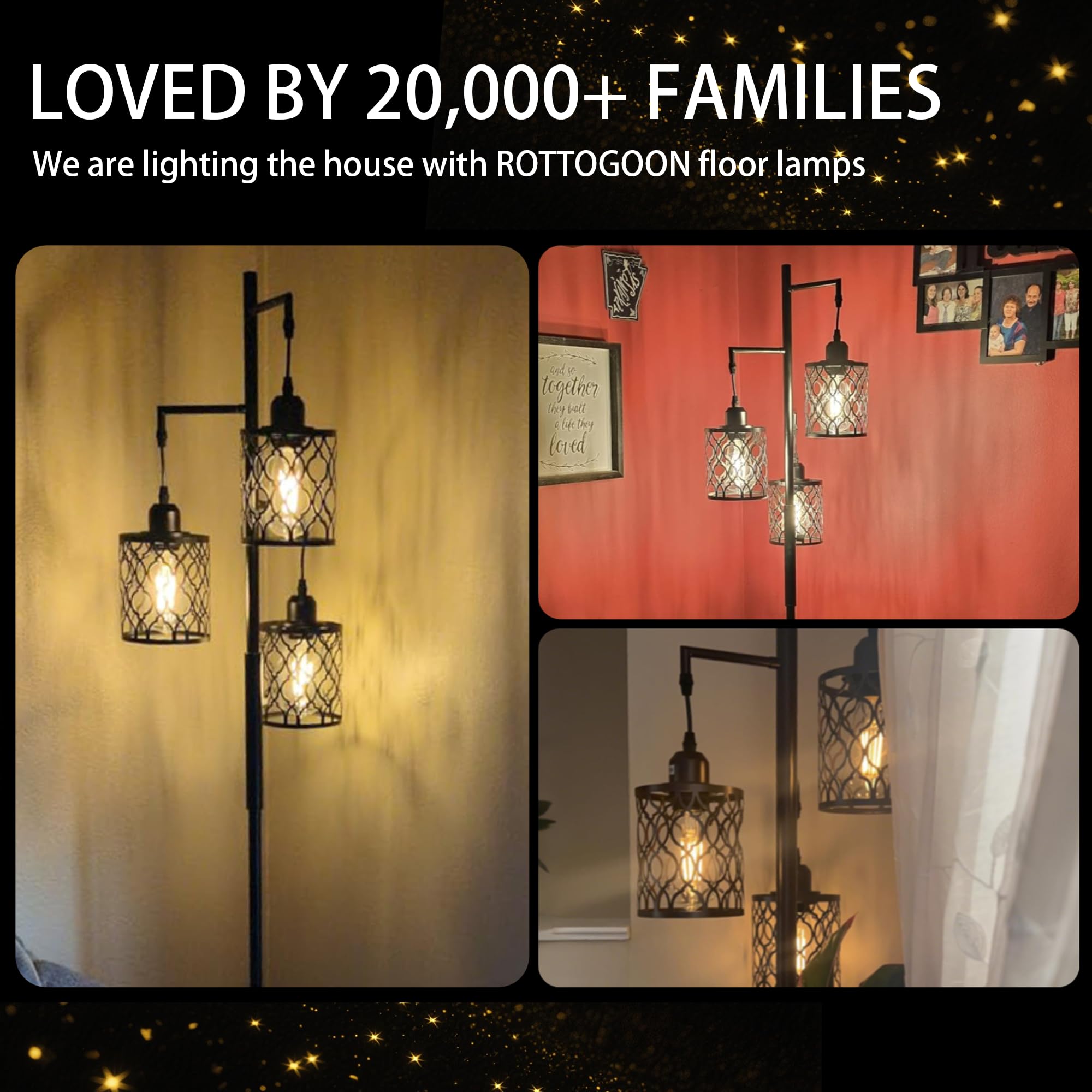 Rottogoon 68 Dimmable Industrial Floor Lamp, 3 Light Rustic Metal Design, Brown, Model Rodlldd24314, Includes 3 Pcs 6W E26 Bul