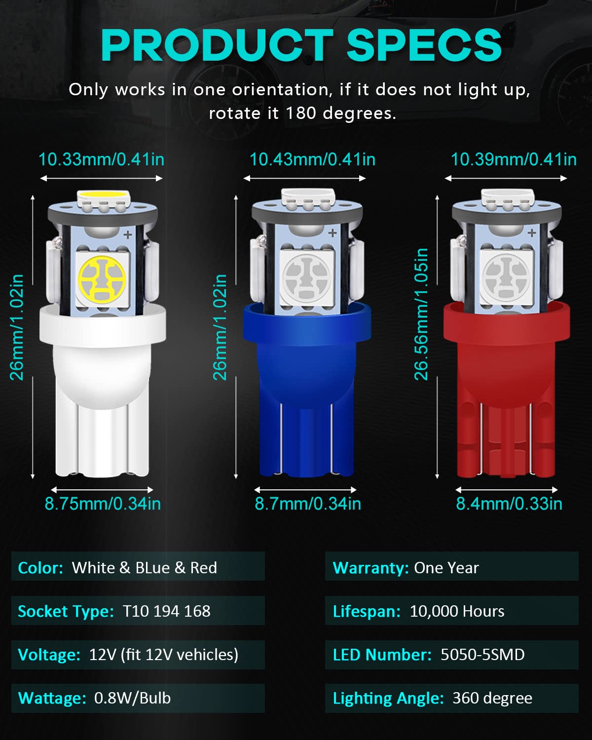 Alopee 30-Pack T10 LED Bulbs, 5SMD-5050, 12V DC, Mixed Colors for Car Interior Lighting