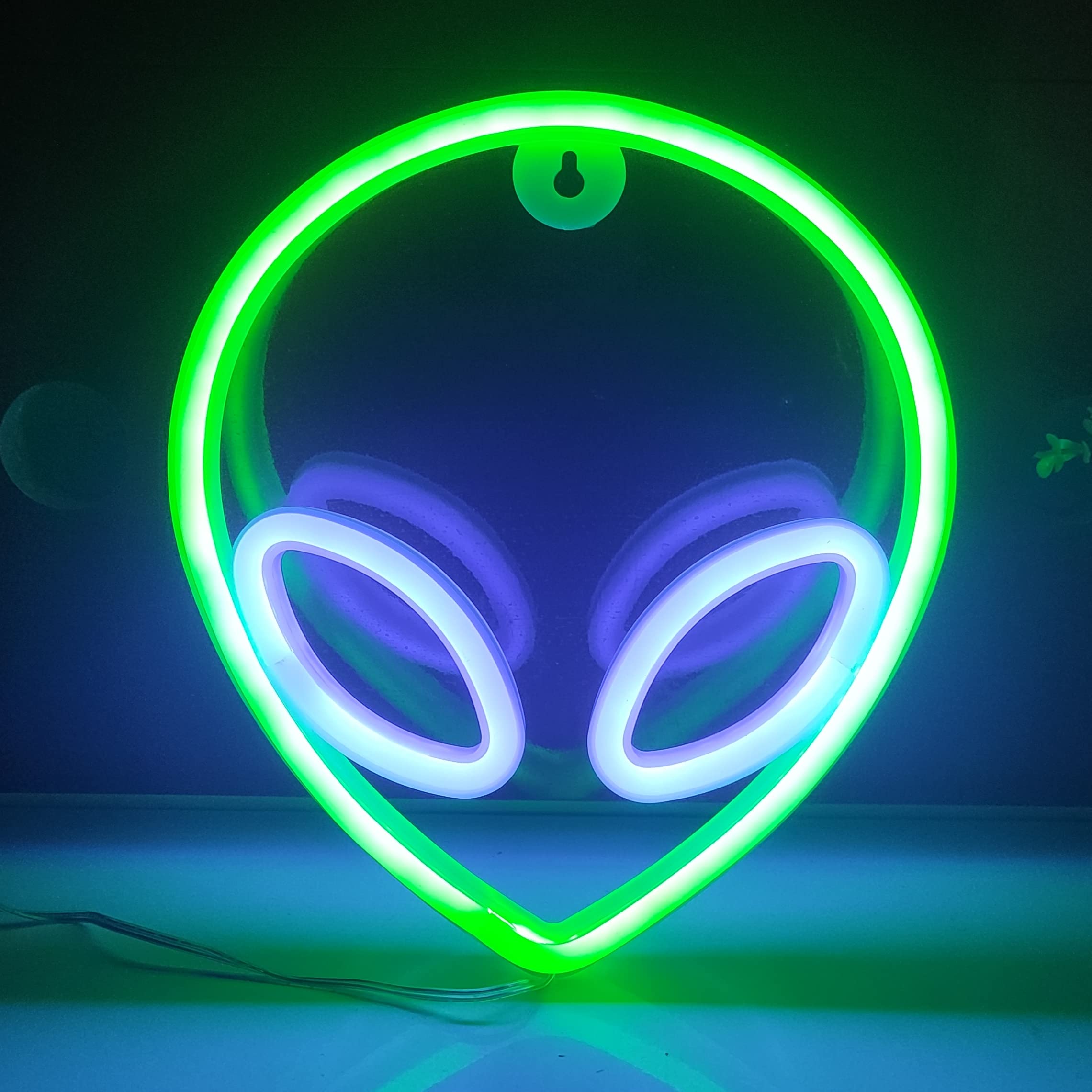 JYWJ Alien Neon Light - USB/3-AA Battery Powered LED Sign - Green/Blue Decorative Wall Light for Parties and Business Premises