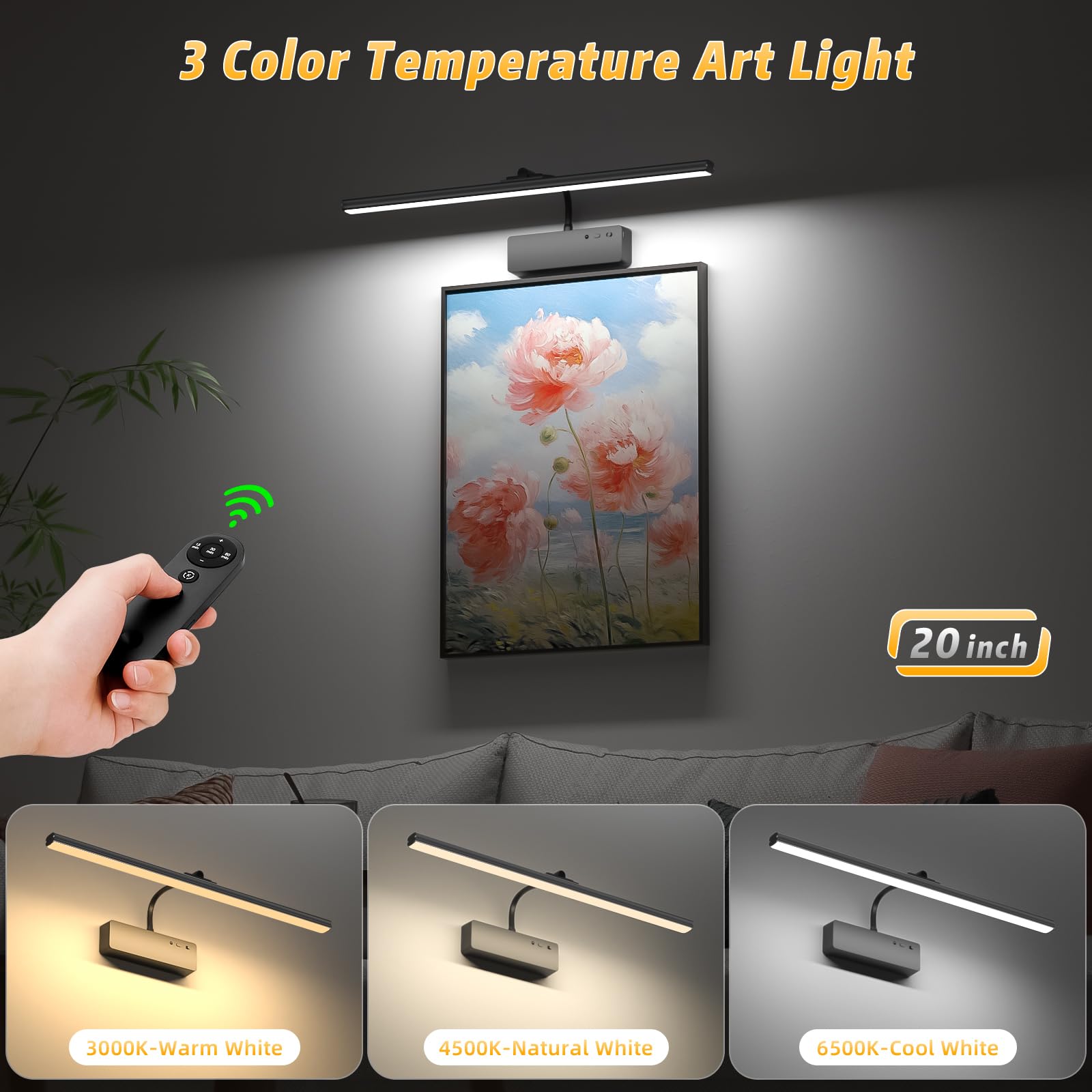 Picture Light With Remote, 20Inch Wireless Rechargeable Battery Wall Light For Paintings, 3 Colors Paintings Light Dimmable And Timer Metal Art Light For Display, Wall, Artwork, Gallery (Black)