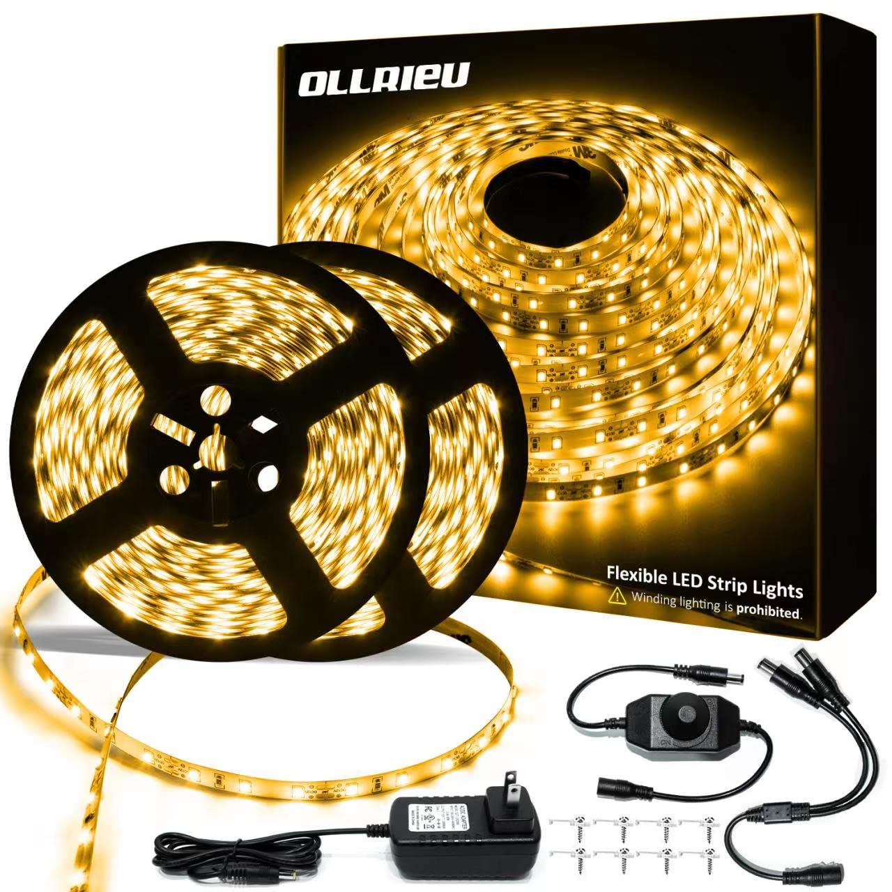 ollrieu LED Strip Lights 65.6ft Dimmable 3000K Warm White, 1200 LEDs, Model OL001020-02-US